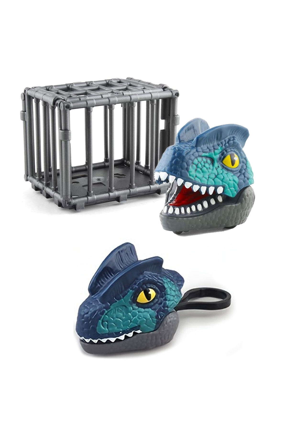 Kafeste Mini Dinozor Arabası Anahtarlık Oyuncak Çek Bırak Dinozor Maviyeşil 2
