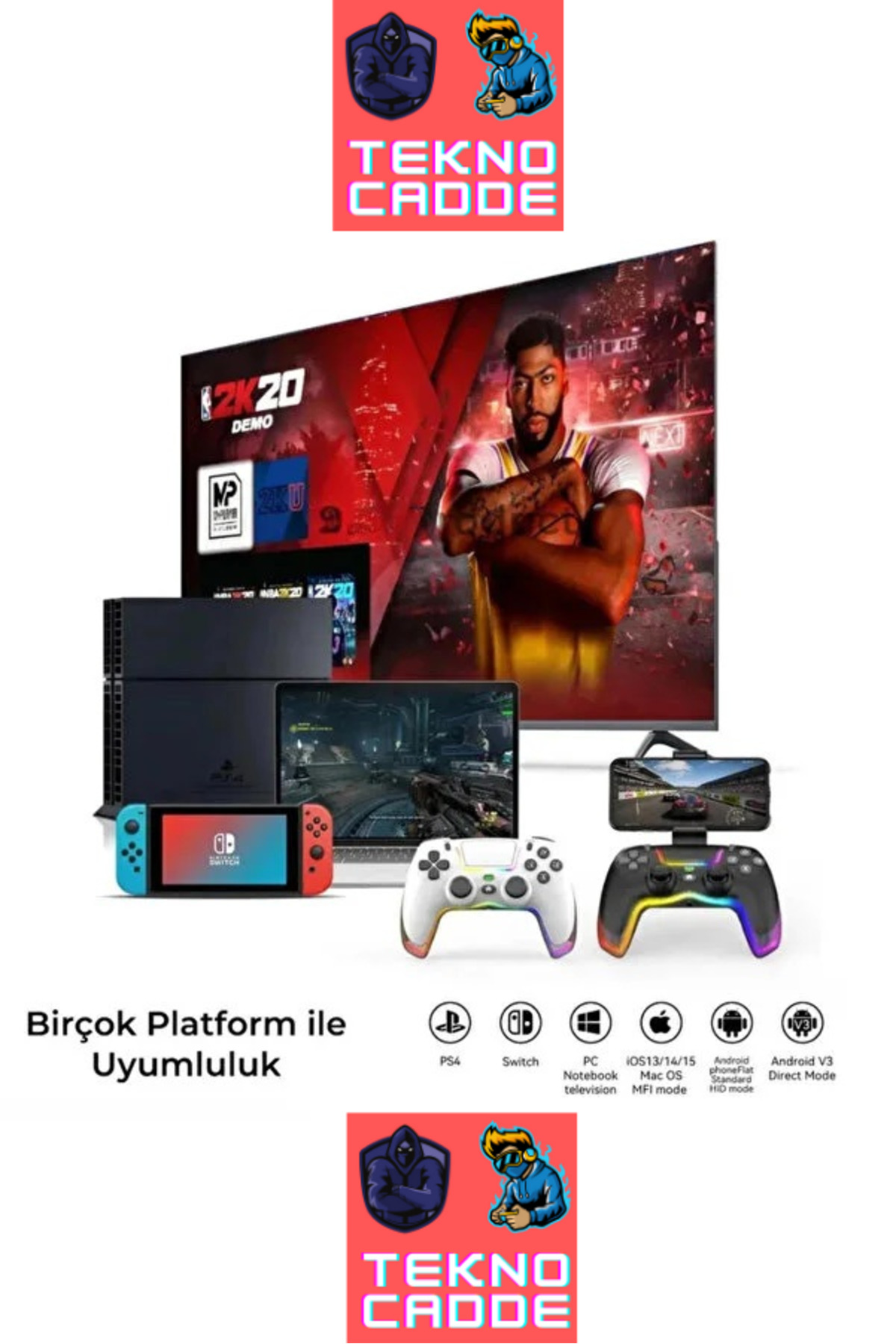 P07 RGB Işıklı Titreşimli PS4/iPhone/iPad/Android/Switch/PC Uyumlu Oyuncu Gamer Joystick 4