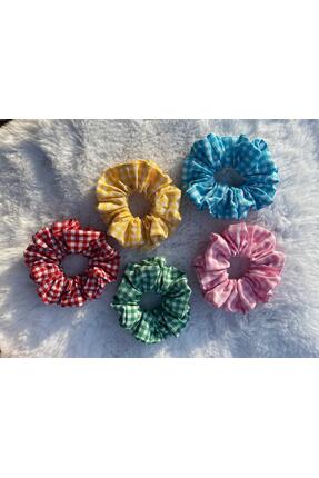 Flower Kadın 5' Li Pötikare Scrunchie Toka Seti