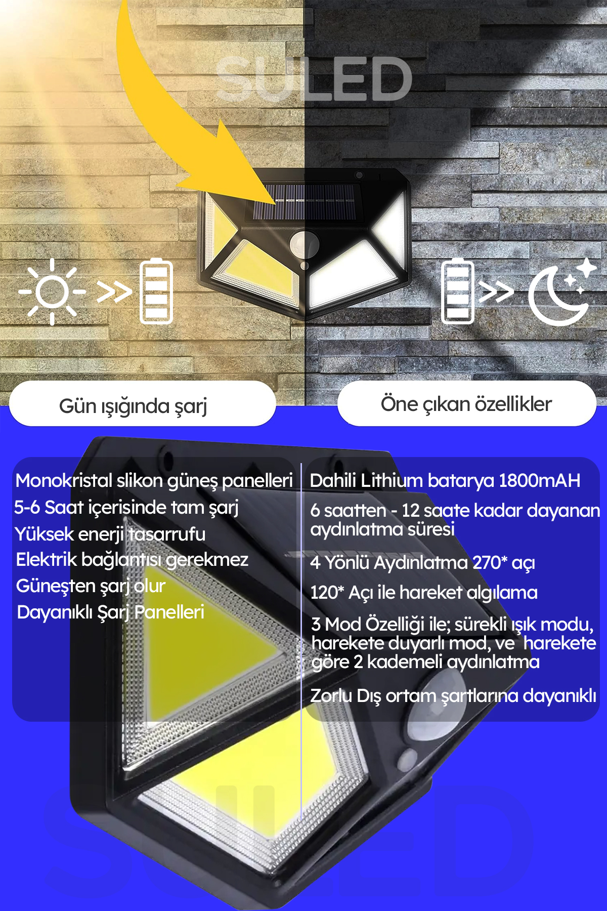 Profesyonel Sensörlü Bahçe Aydınlatma Lambası Solar Güneş Panelli Tam Otomatik 3 Modlu 6