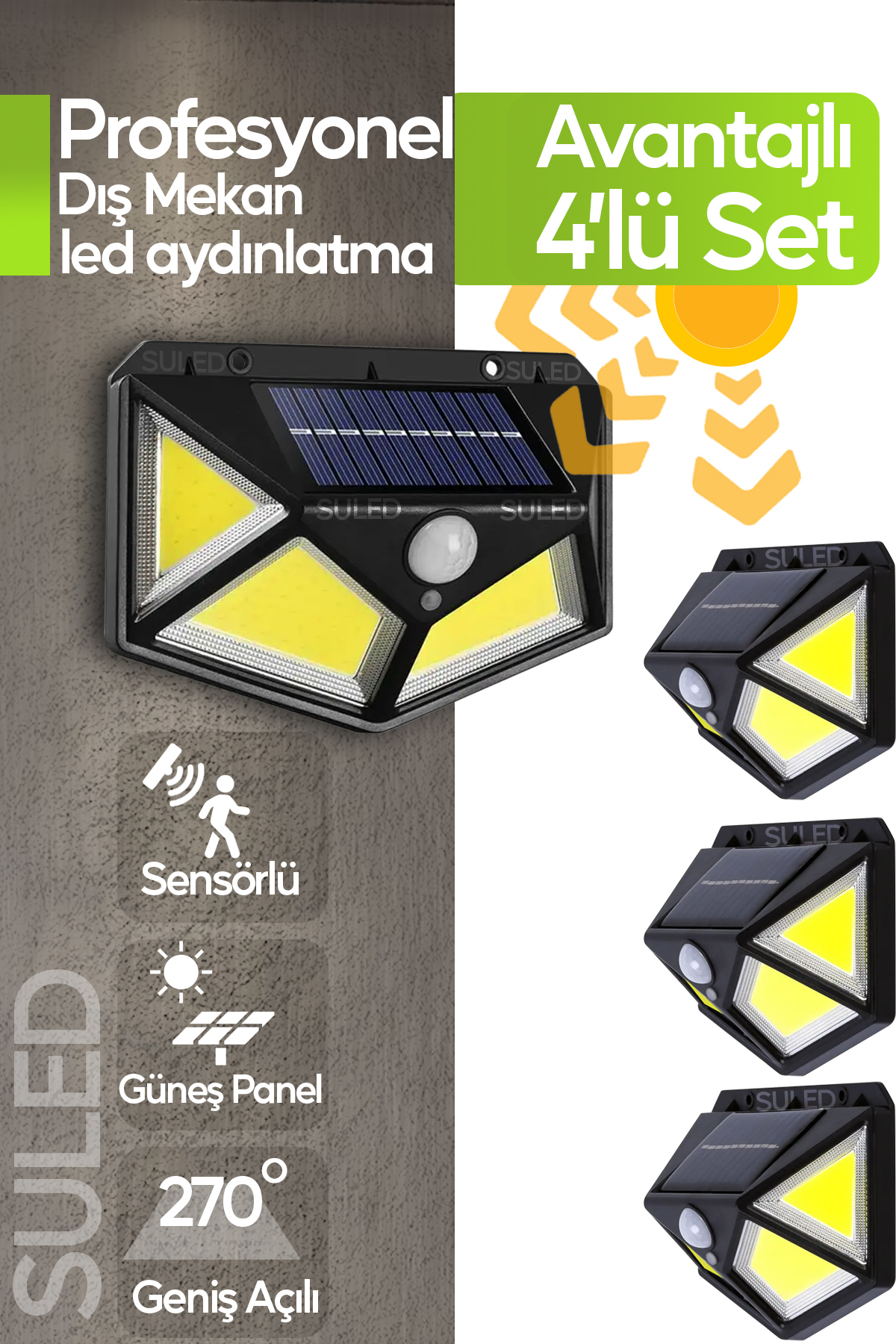 SULED Profesyonel 4 Adet Sensörlü Bahçe Aydınlatma Lambası Solar Güneş Panelli Tam Otomatik Beyaz Işık