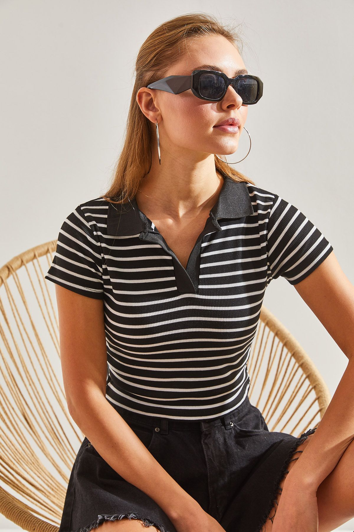 Bianco Lucci-Women's Polo Neck Striped Blouse 7