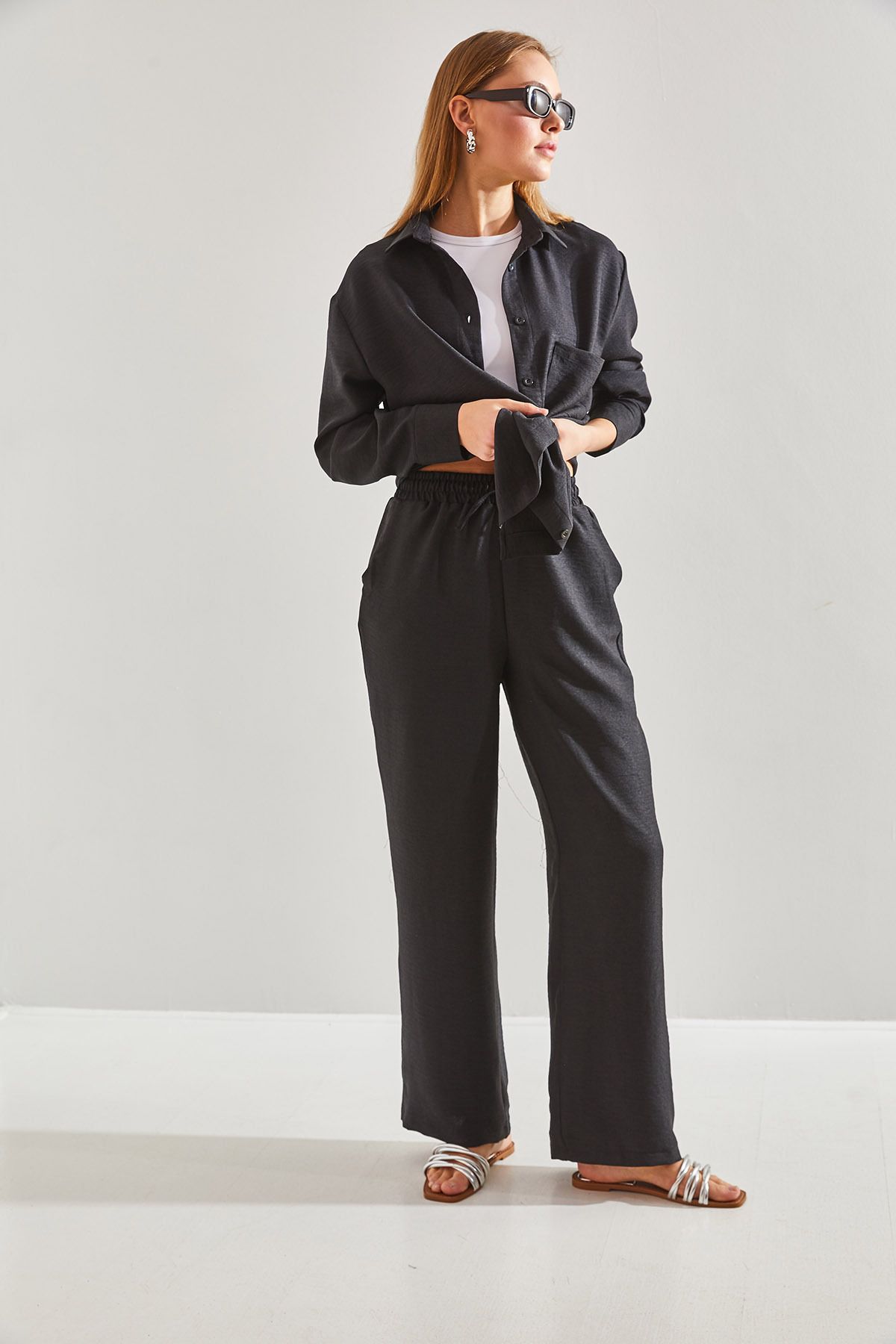 Bianco Lucci-Women's Elastic Waist Trousers Bottom and Top Set 4