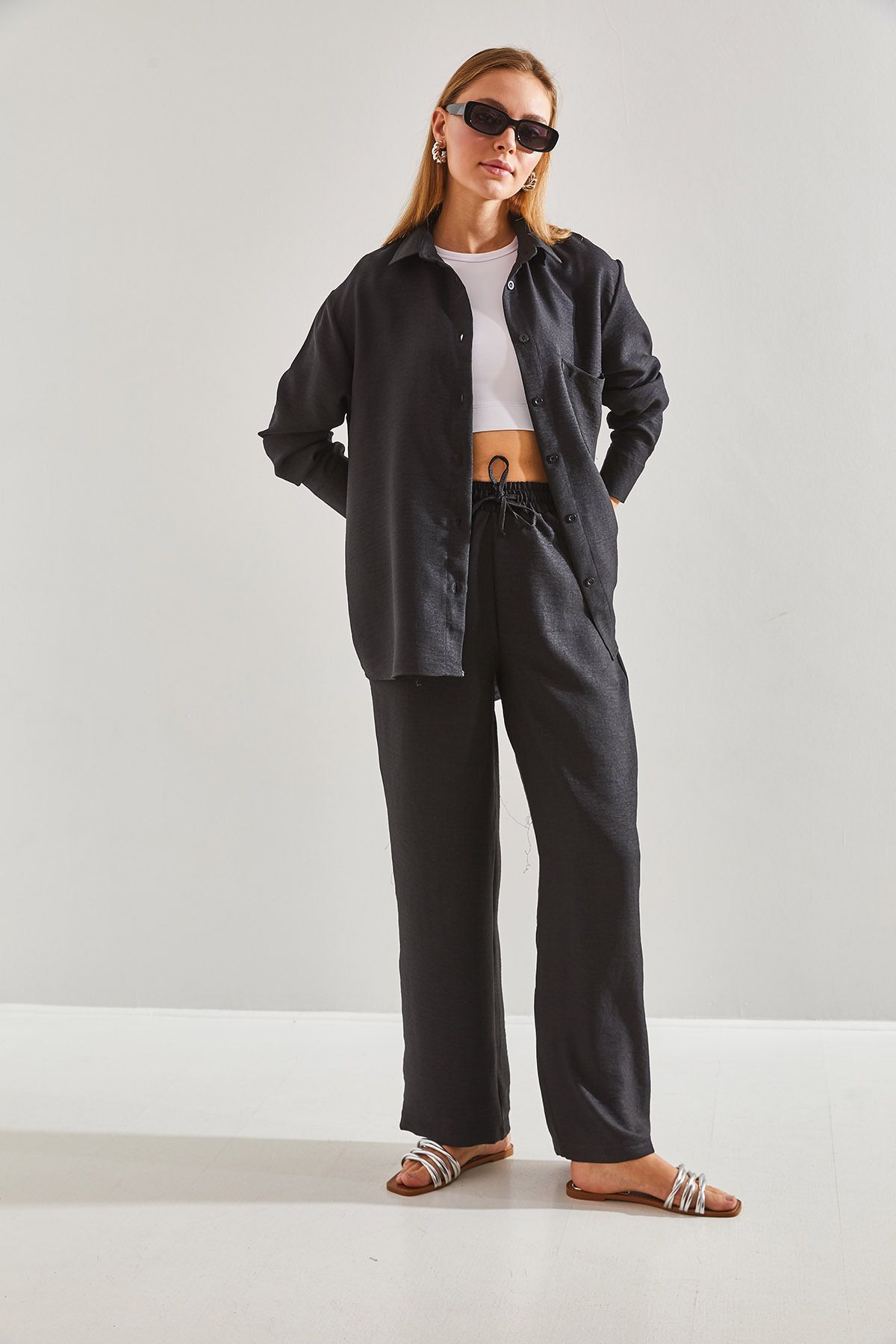 Bianco Lucci-Women's Elastic Waist Trousers Bottom and Top Set 3