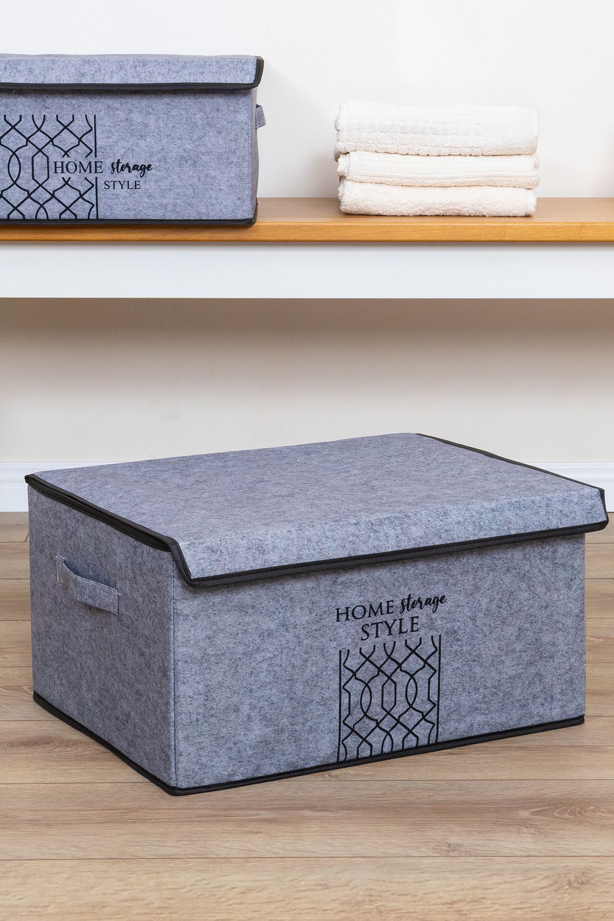 Pazar Kapısı Keçe Kapaklı Çok Amaçlı Maxi Kutu Gri 47x37x24 Cm