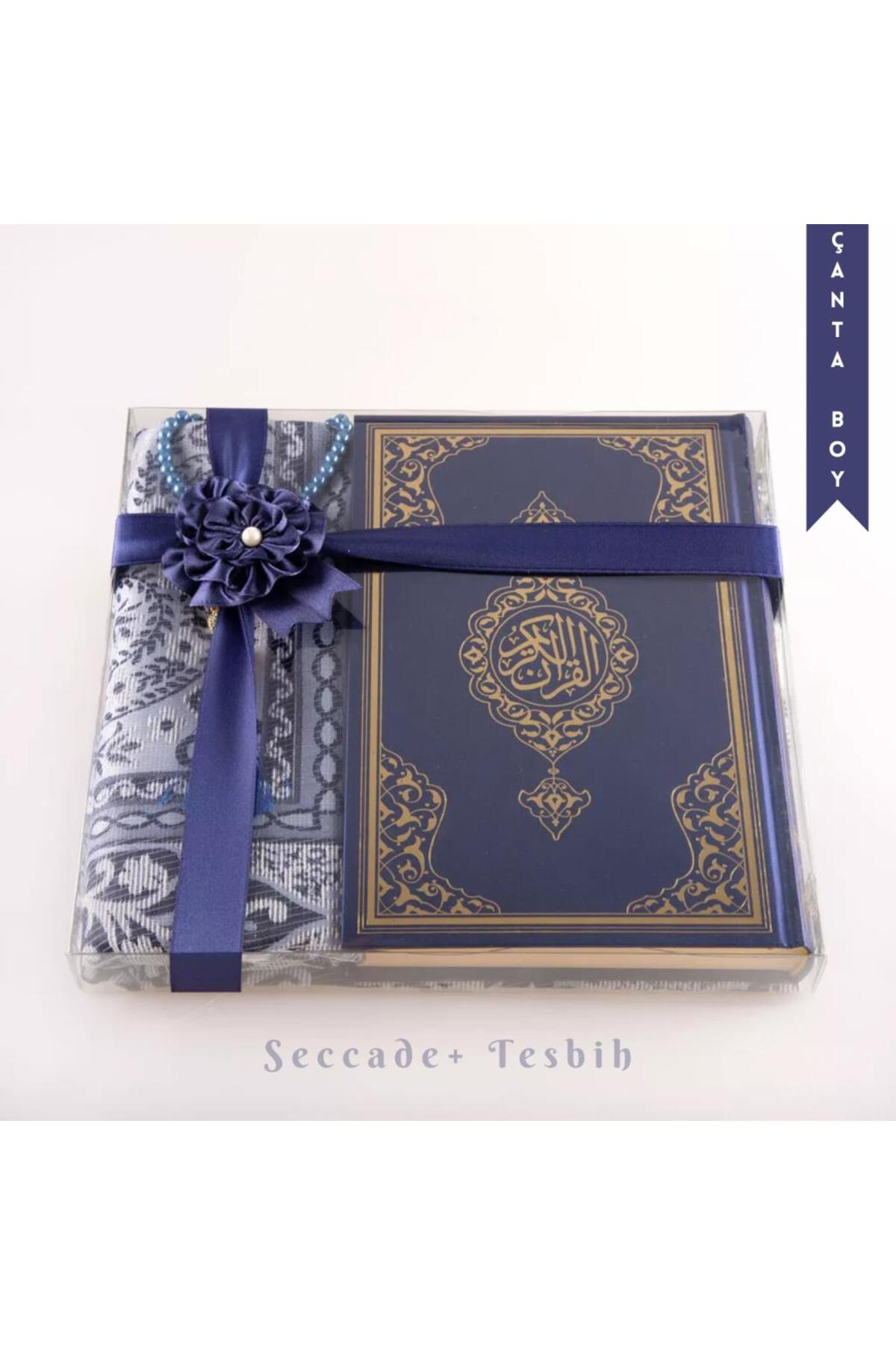 Prayer rug + Rosary + Quran Gift Set (Bag Size, New Skin, Navy Blue)