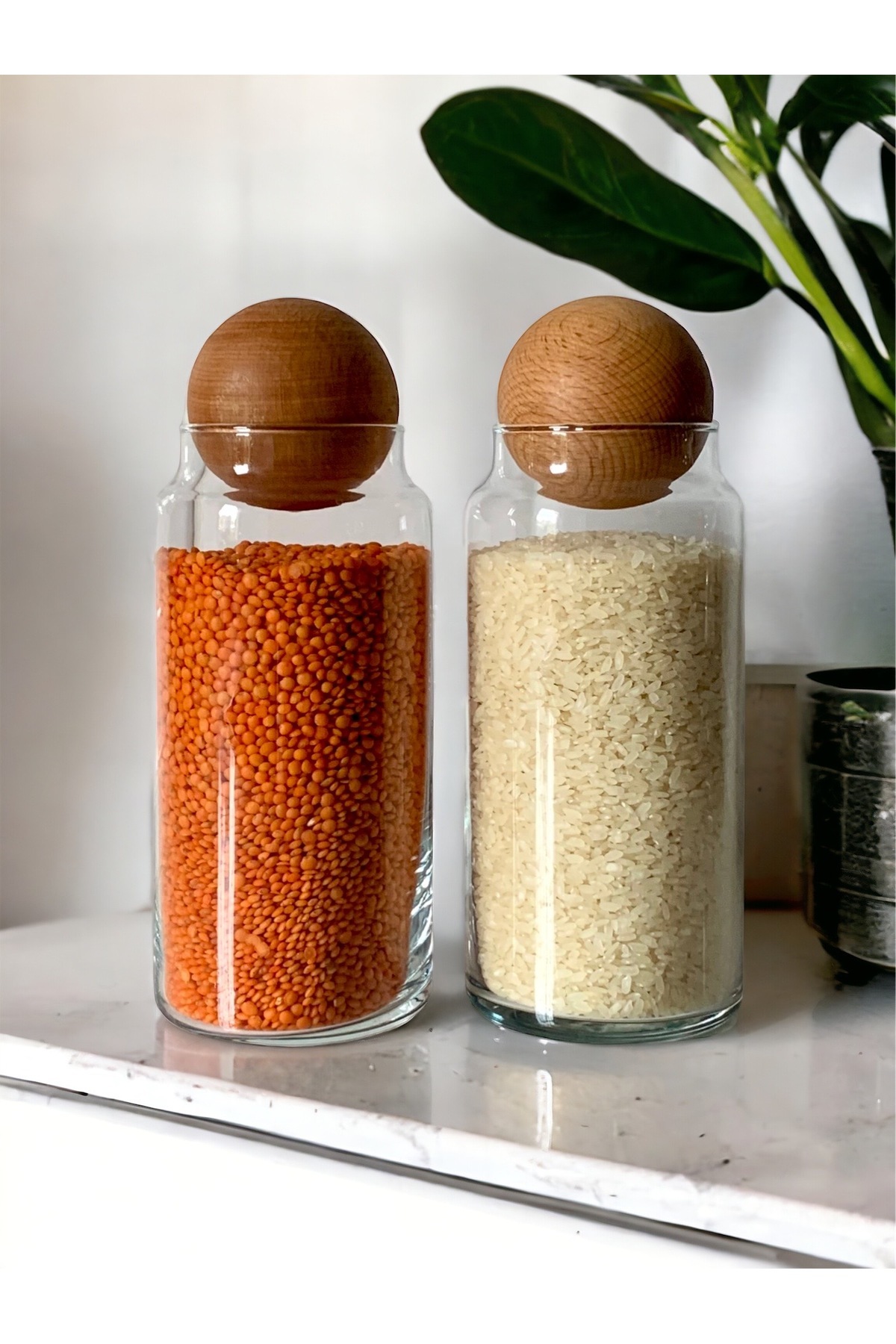 2 Glass Jars with Wooden Ball Lids 1300 ml