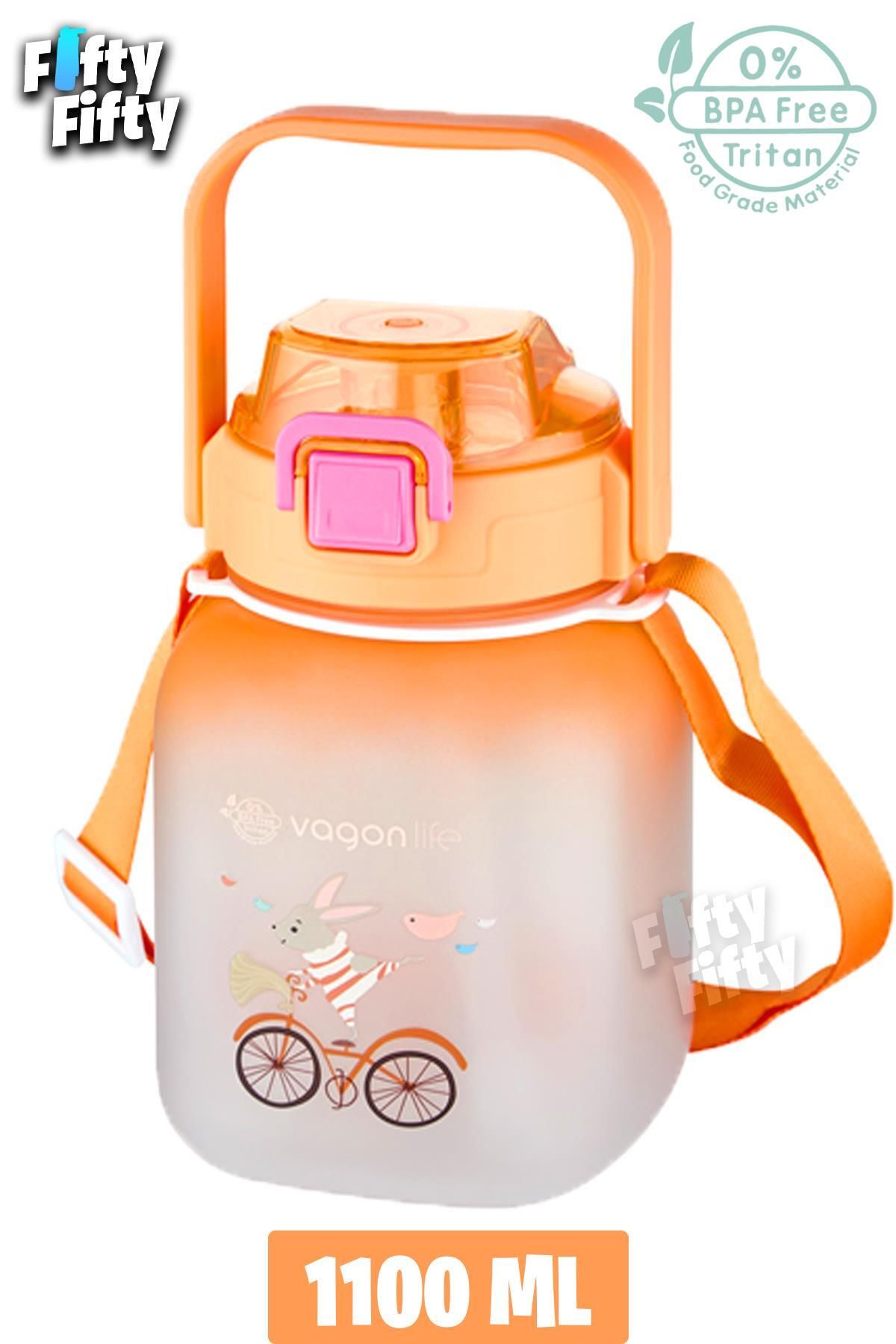 قمقمه ورزشی نارنجی دخترانه و پسرانه بچگانه Tritan 1100 ML HINGER PIIPE PIPER جریان آب Vagonlife