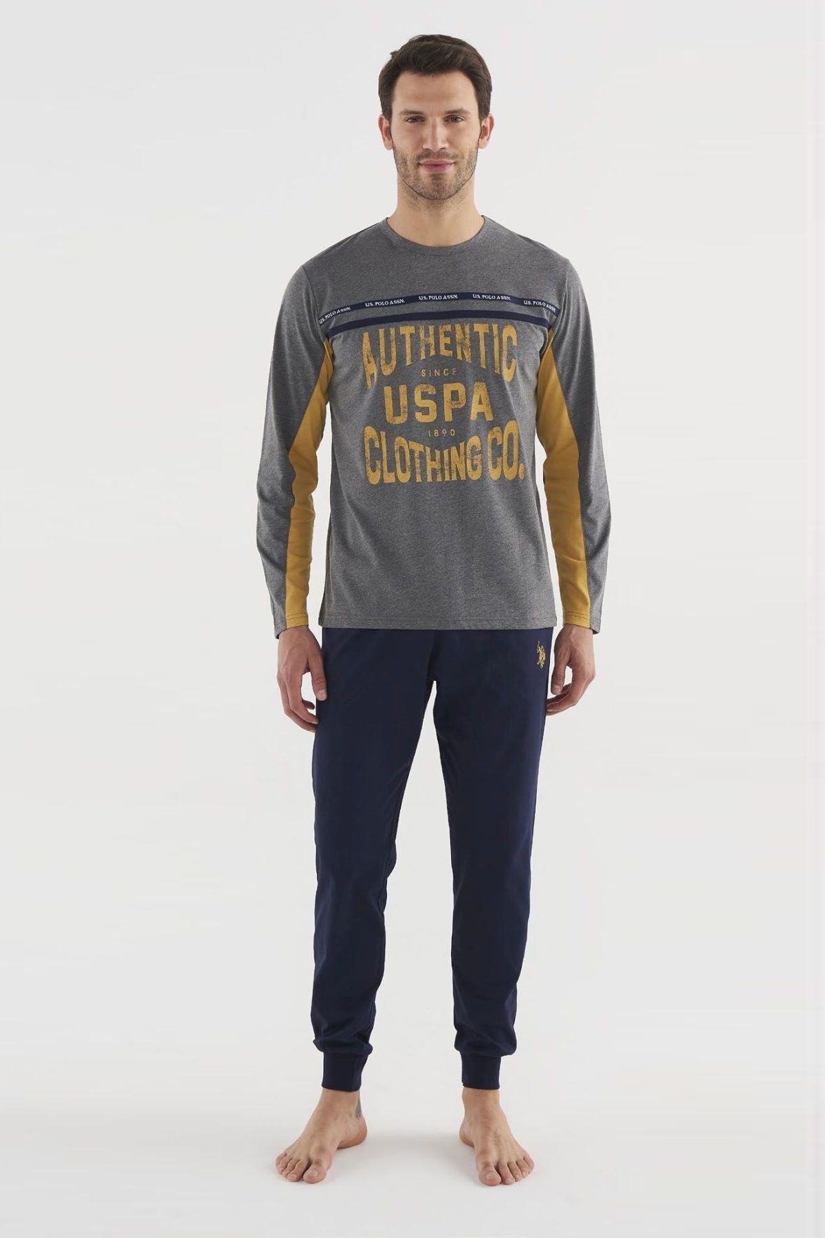 ست پیژامه خاکستری مردانه لباس خواب یقه گرد آنتراسیت ملانژ مدل 18625 U.S. Polo Assn.
