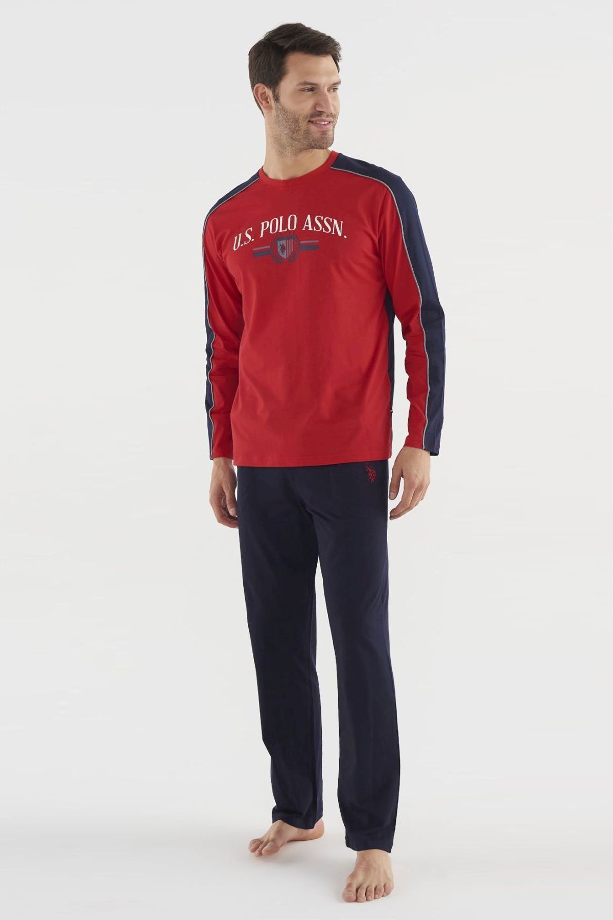 ست پیژامه قرمز مردانه پولو اسن ایالات متحده لباس خواب آستین بلند یقه گرد 18620 U.S. Polo Assn.