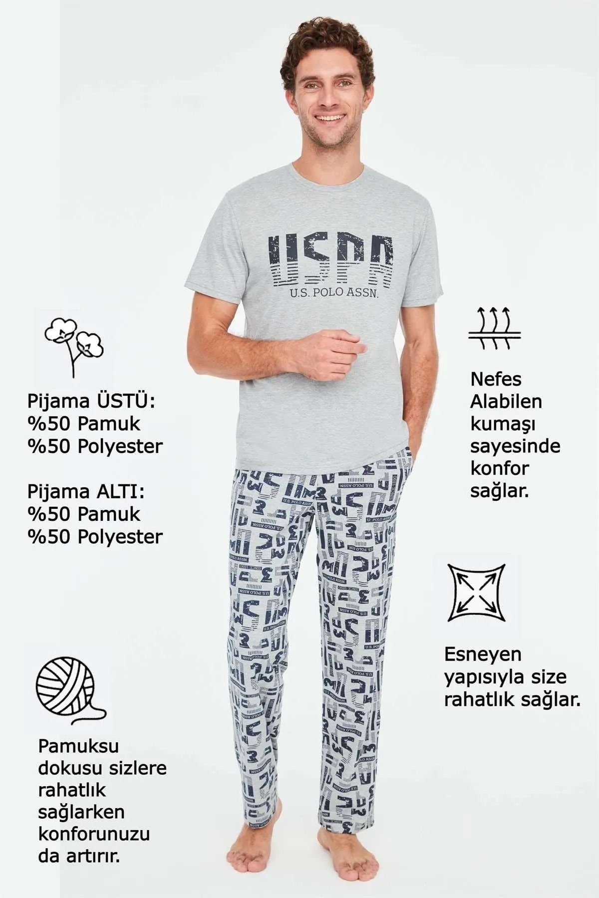 شلوار پیژامه خاکستری مردانه پایه. ست لباس خواب یقه گرد Polo Assn U.S. Polo Assn.