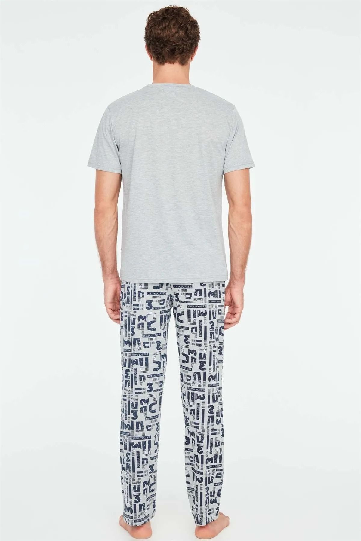 شلوار پیژامه خاکستری مردانه پایه. ست لباس خواب یقه گرد Polo Assn U.S. Polo Assn.
