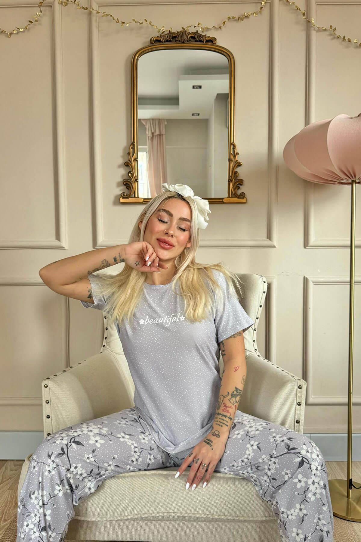 Pijamaevi-Gray Beautiful Patterned Short Sleeve Knitted Women's Pajamas Set 4