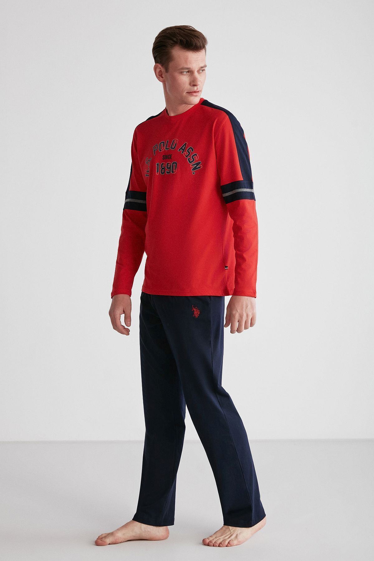 ست پیژامه قرمز مردانه پولو اسن ایالات متحده لباس خواب آستین بلند یقه گرد 18727 U.S. Polo Assn.