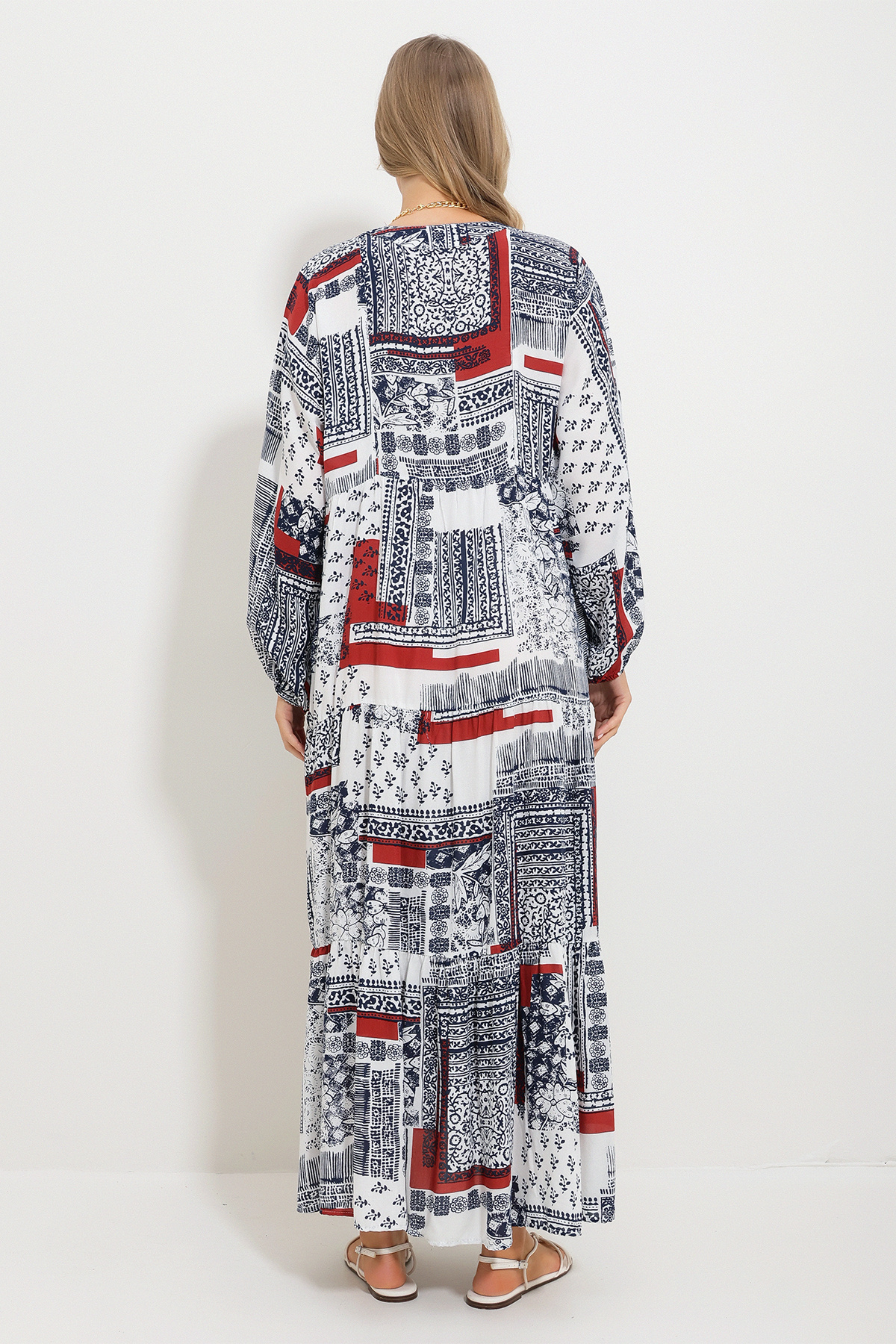 Trend Alaçatı Stili-Rochie lungă maxi cu modele cu șal cu guler judecător scorțișoară pentru femei Alc-X11593 6