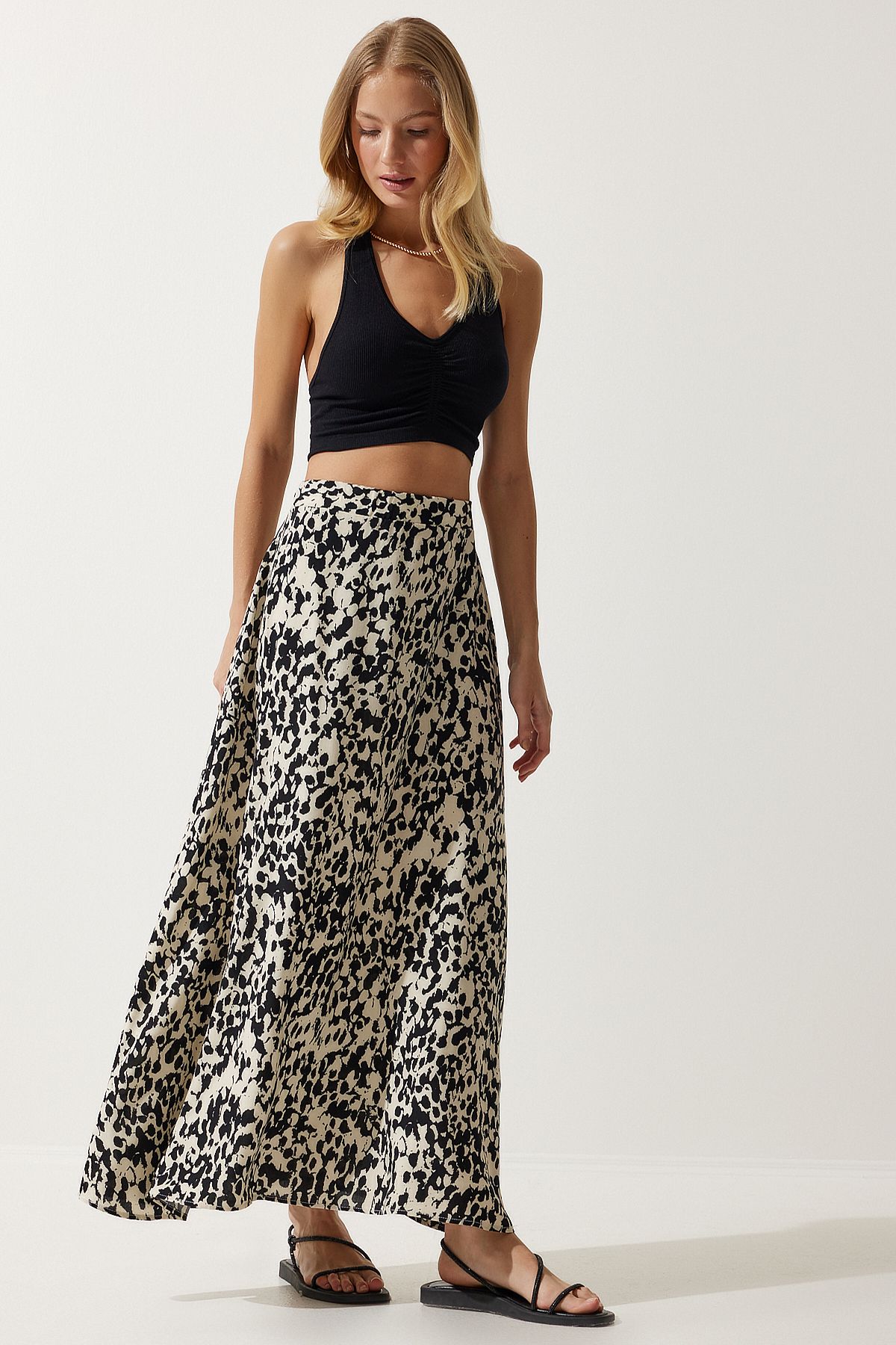 Happiness İstanbul-Creme-schwarz gemusterter langer Viskoserock für Damen DD01302 2