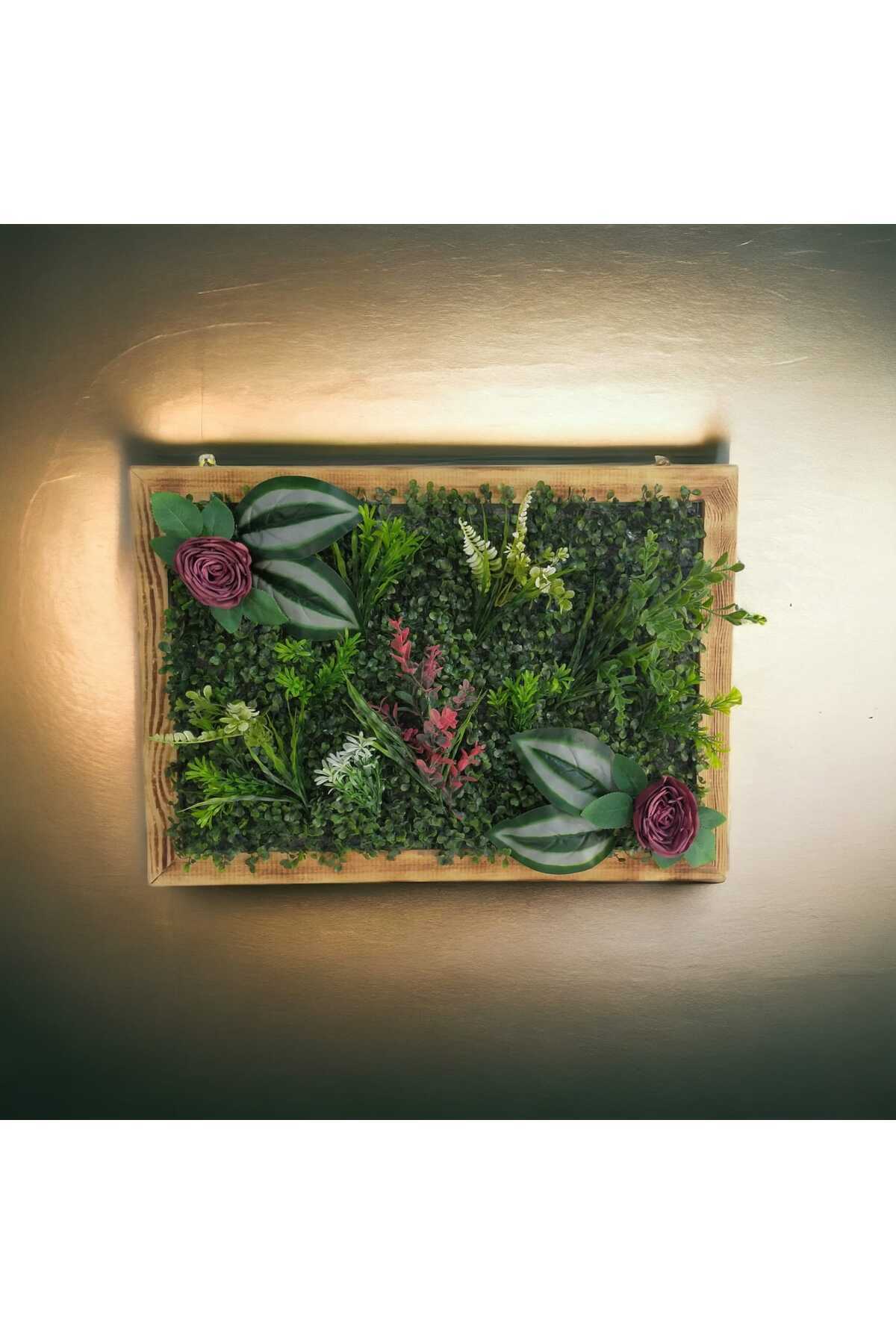 Wooden Frame Artificial Flower Wall Panel Shimshir Vertical Garden Arrangement 48-68 Cm MODEL:4