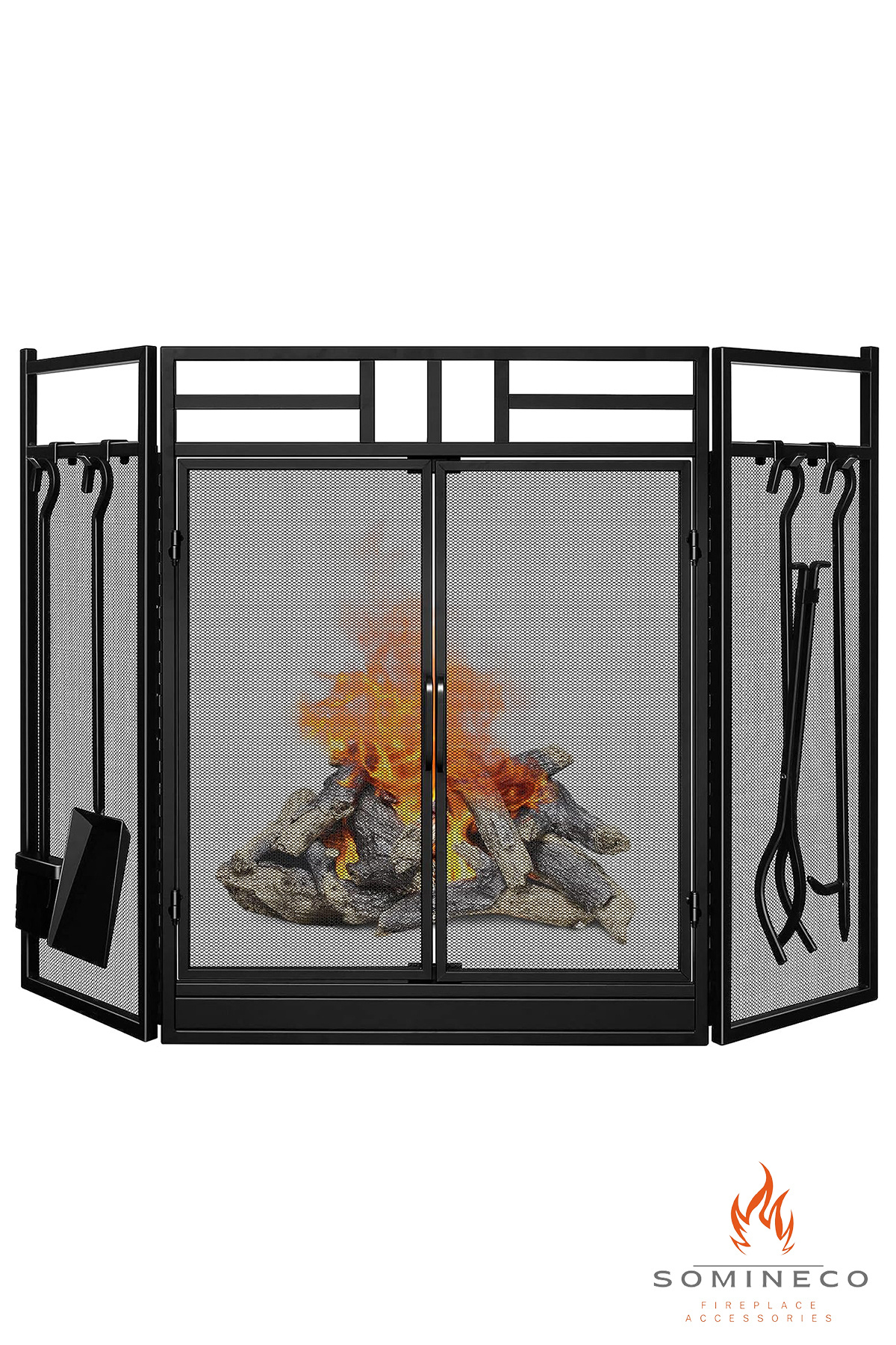 SOMINECO Metal 5 Parça Katlanabilir Kapaklı Şömine Maşa Siperlik Seti Siyah