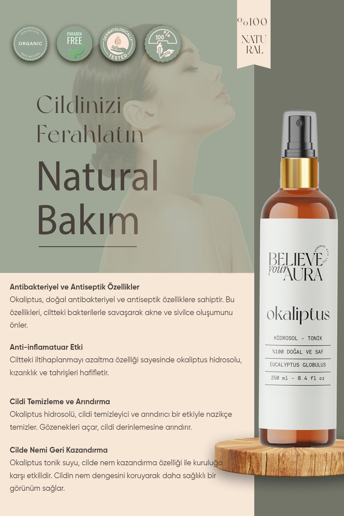 Oculiptus Water 100% خالص و طبیعی منافذ تصفیه کننده و متعادل کننده روغن - تونیک - 250 میلی لیتر Believe Your Aura