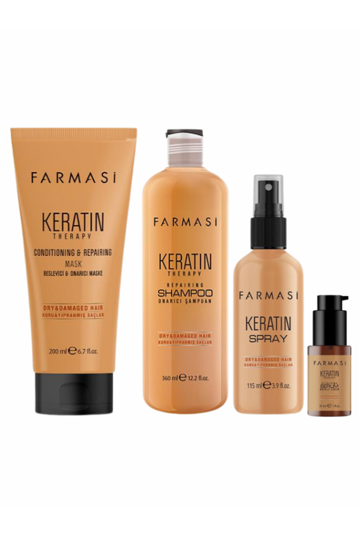 Farmasi Keratın Seti (Keratin Therapy Onarıcı Saç Maskesi, Saç Serumu, Sprey, Şampuan)