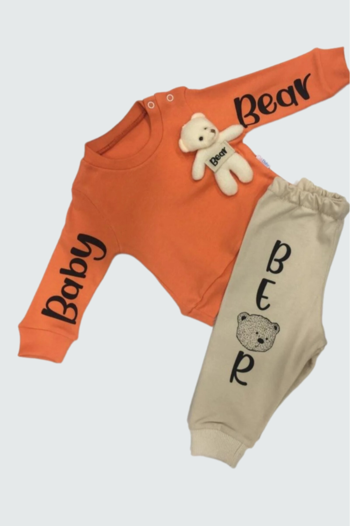 Pamuklu Ayıcık Aksesuarlı Bear Desenli Bebek Alt Üst Takım Turuncu