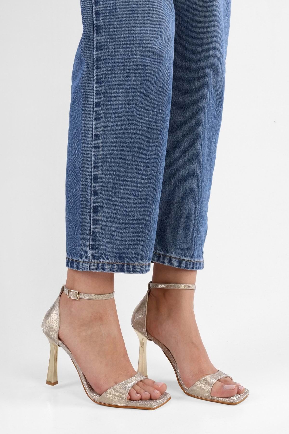 Shoeberry-Vinetta Gold-Schuhe mit Wabenmuster für Damen und Absatz 4