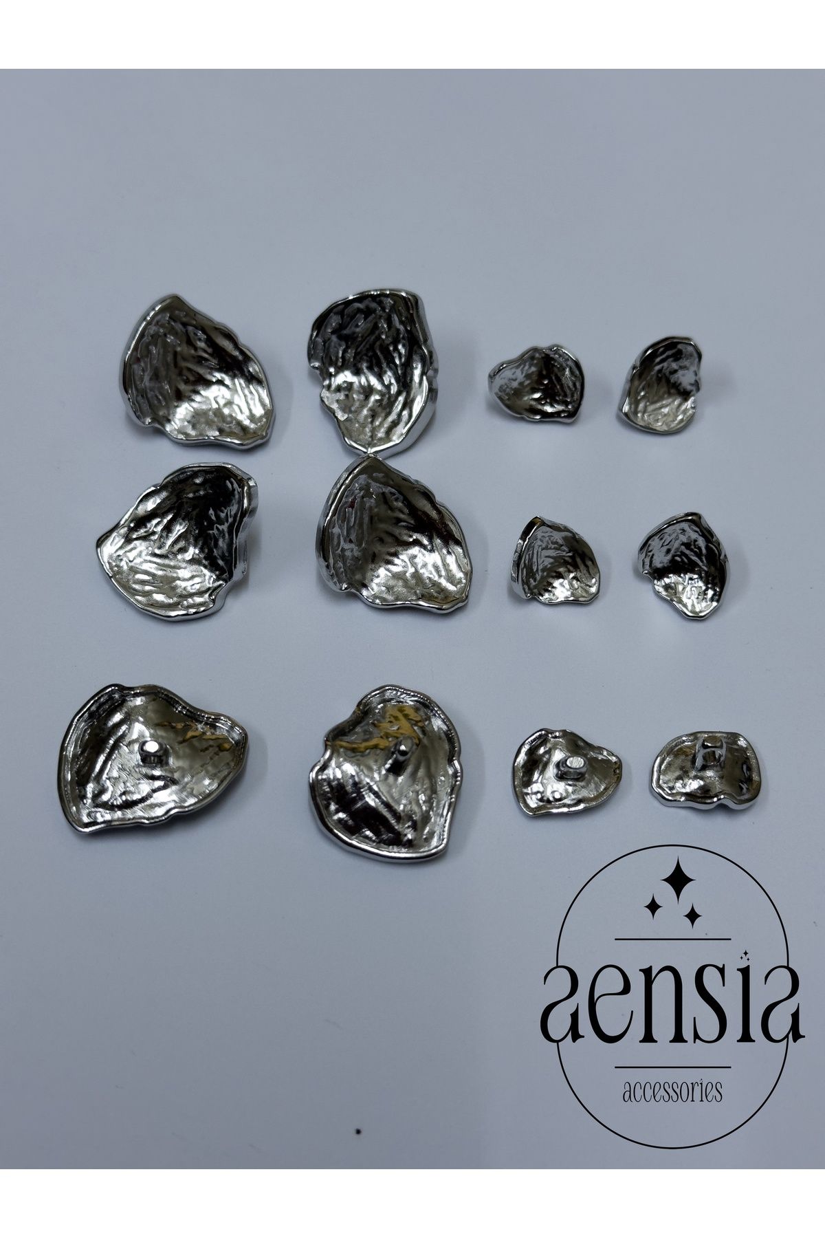 aensia-Silver Wrinkled Asymmetric Curved Shell Model Metal Coat Jacket Button - Set of 12 (6 Large + 6 Small) 2