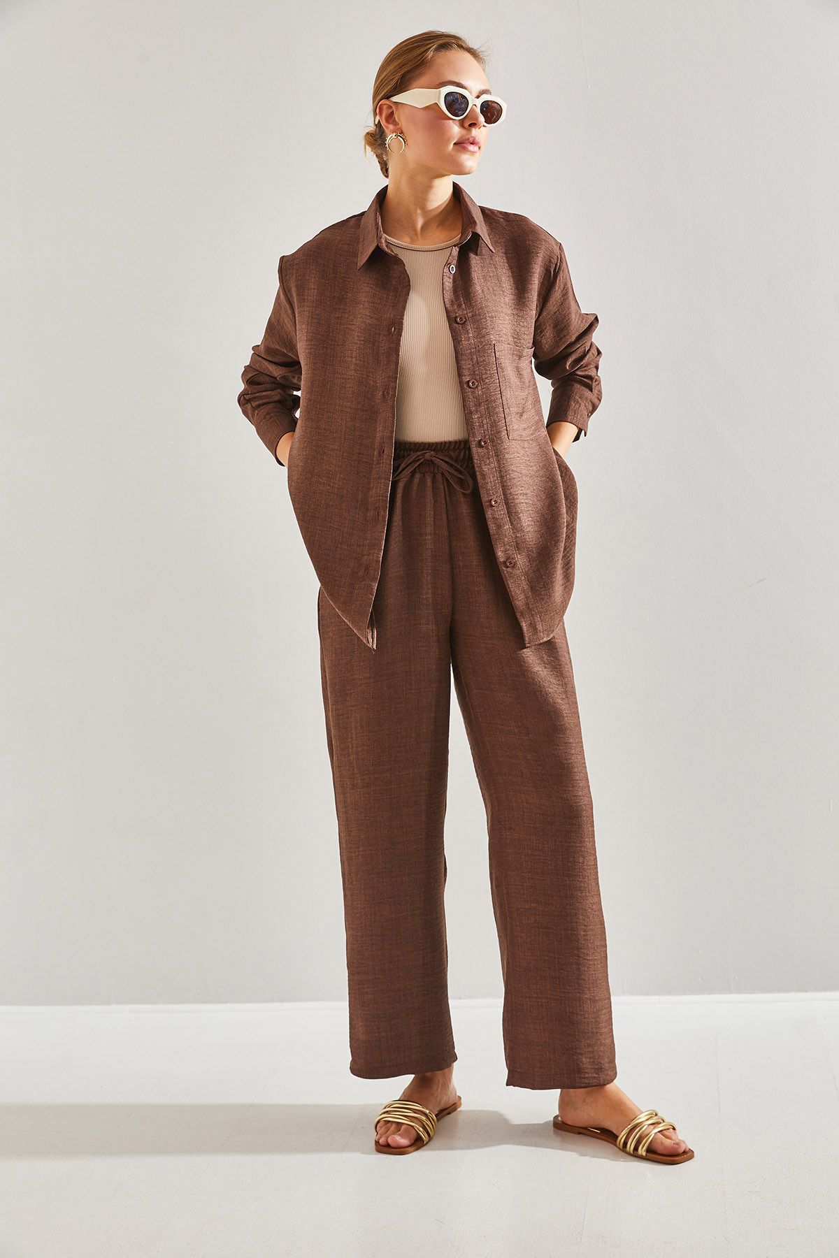 Bianco Lucci-Women's Elastic Waist Trousers Bottom and Top Set 4