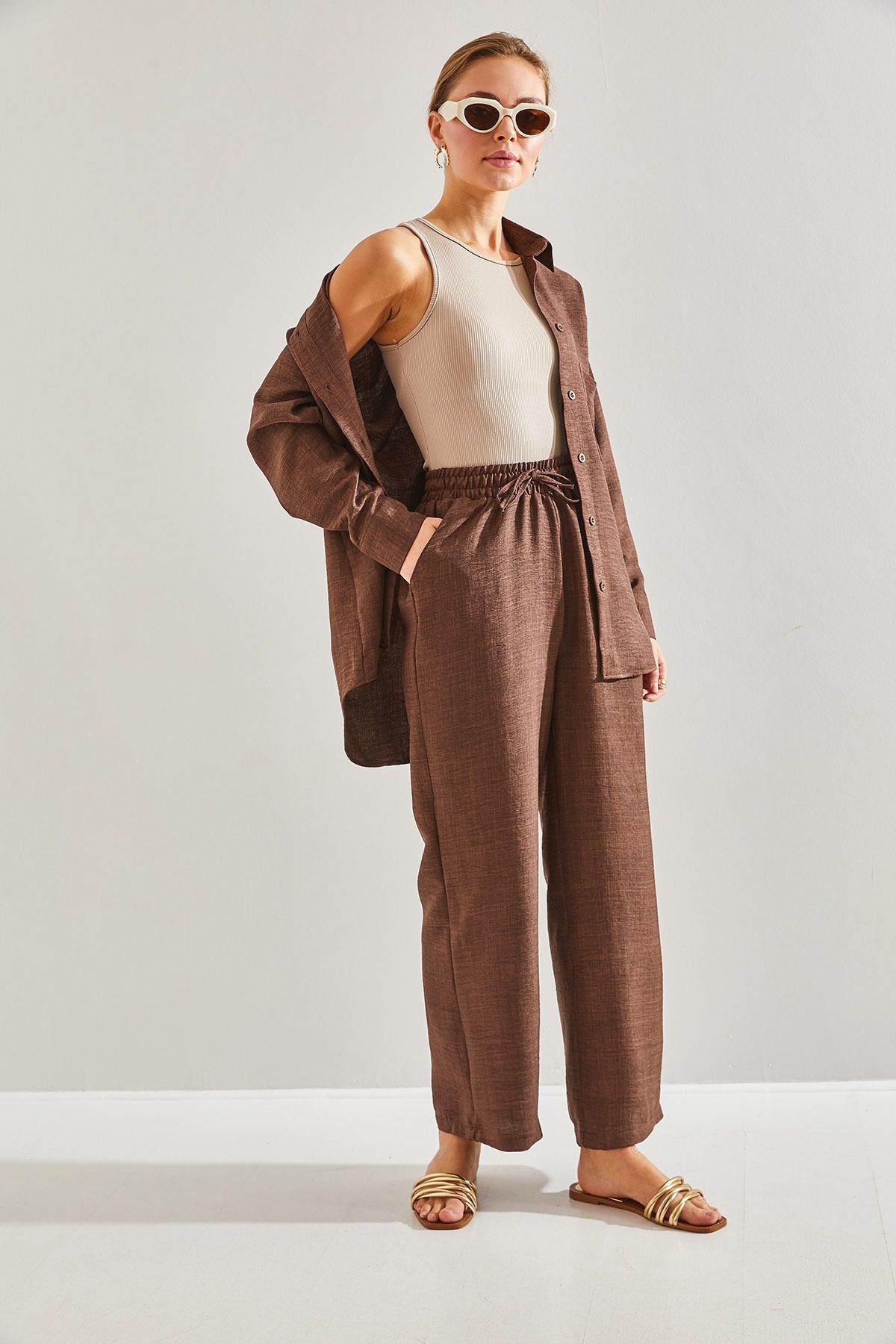 Bianco Lucci-Women's Elastic Waist Trousers Bottom and Top Set 7