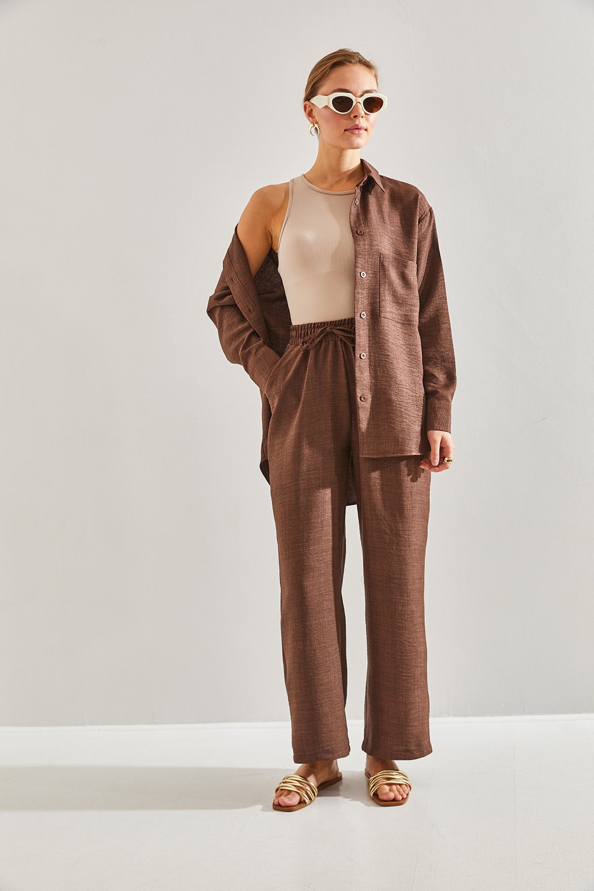 Bianco Lucci-Women's Elastic Waist Trousers Bottom and Top Set 6