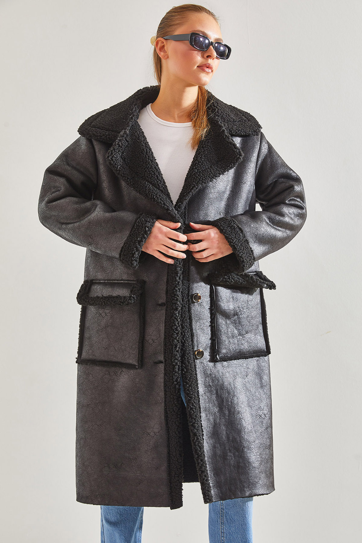 Women's Long Laminated Coat with Piping 2352 60141002