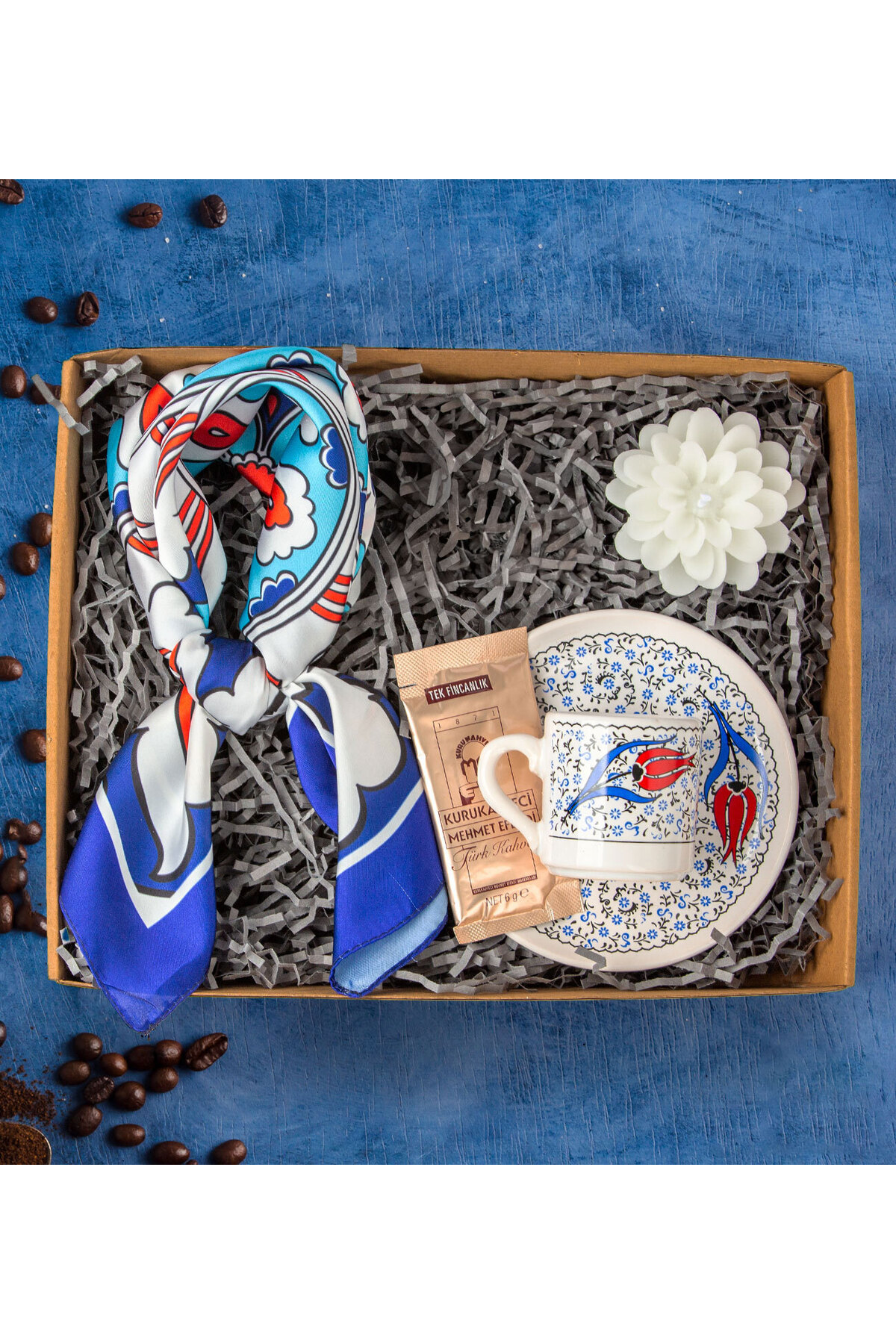 ATÖLYE247 Desenli Fular - Ebru Motifli Kahve Fincanı - Mehmet Efendi Türk Kahvesi - Lotus Mum Hediye Seti