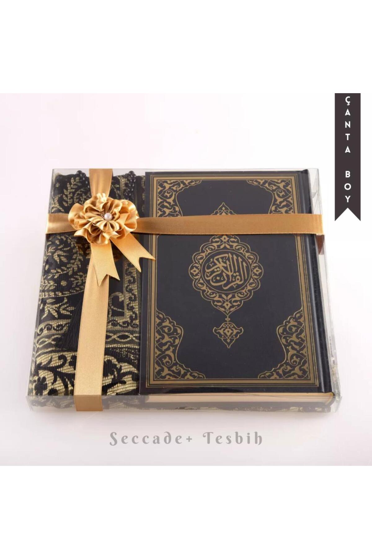 Prayer rug + Rosary + Quran Gift Set (Bag Size, New Volume, Black)