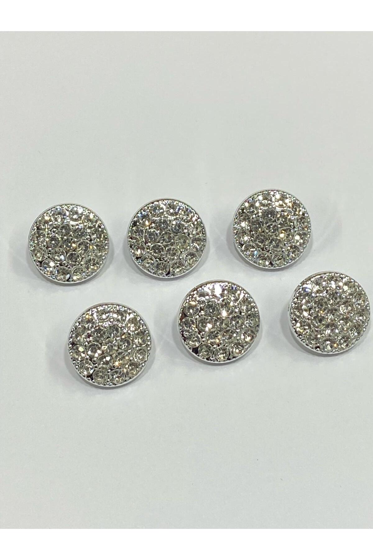 Stoned Button / Metalized (plastic) / Silver / Set of 6 / 1.7 cm