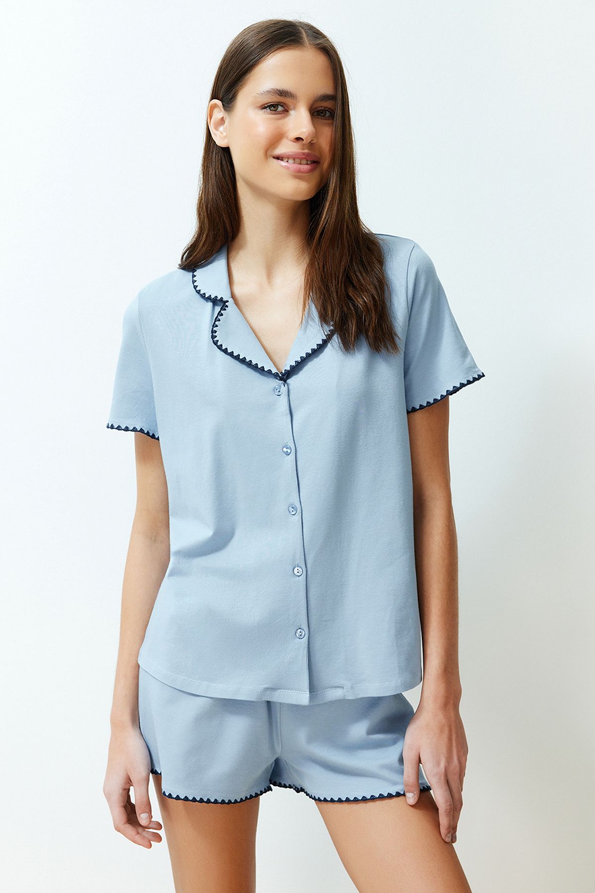 Trendyol Collection Hochwertiges Blaues Strick-pyjama-set Aus Modal Mit Stickerei Und Detaillierten Details für Damen - XS