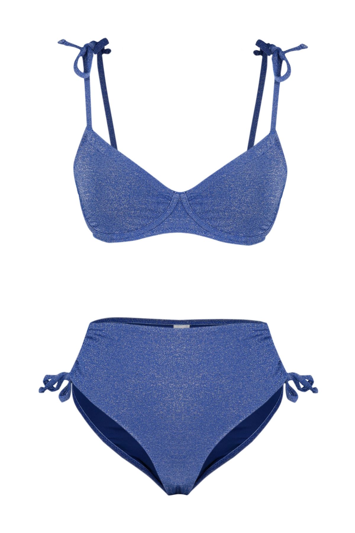 Trendyol Collection-Marineblaues, glitzerndes Hipster-Bikini-Set mit balkonfarbener Krawatte und hoher Taille TBESS24BT00136 6