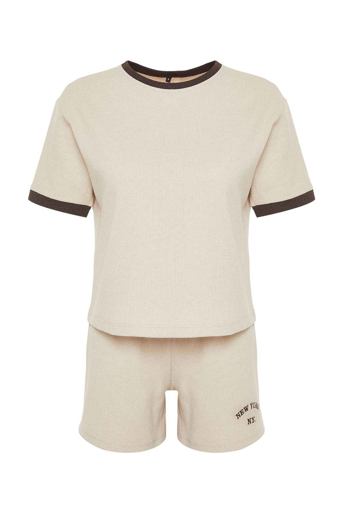 Trendyol Collection-Waffle Print Beige-Color Blocked Slogan Knitted Pajamas Set Thmss24Pt00217 7