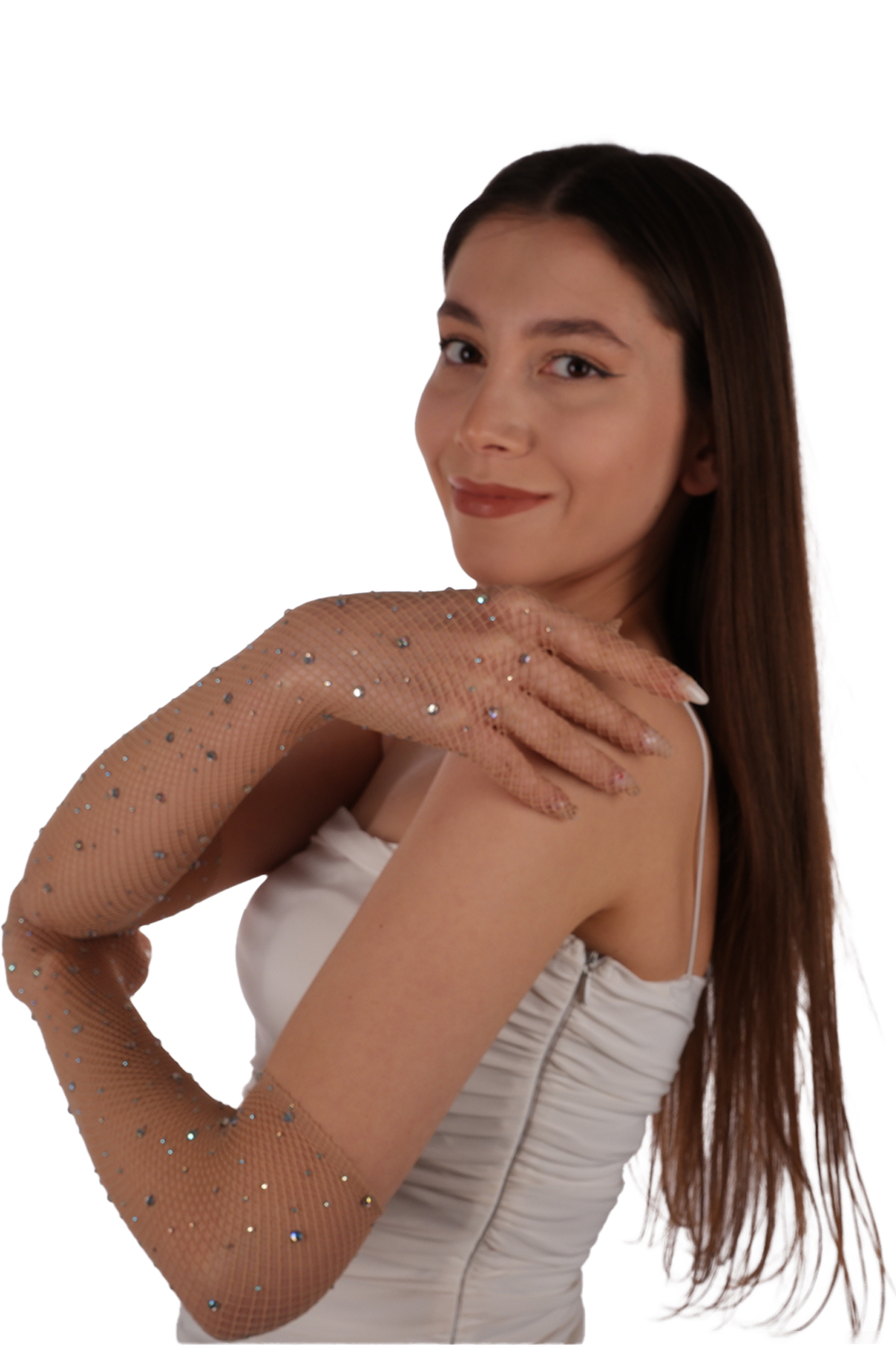 Limelia  Şık Gelin Düğün Eldiveni File Tül Gelin Düğün Eldiveni Ten Rengi - Görsel 5