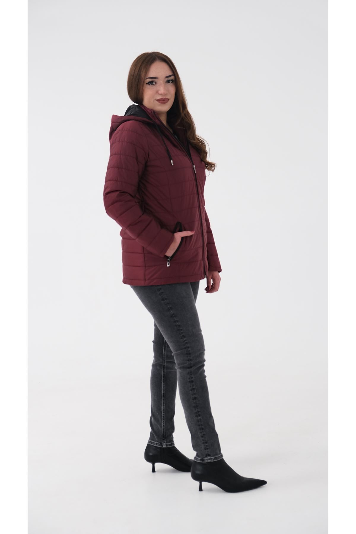 Blues Outlet-PALTON MATLASAT CU Glugă, PENTRU FEMEI, ROȘU CLARET 4