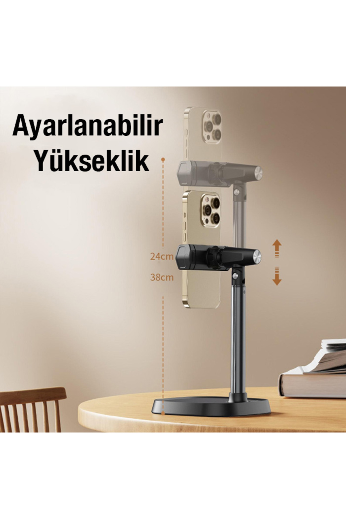 T8 360° Dönebilen Yükseklik Ayarlı Masa Üstü Telefon Tutucu SİYAH 3