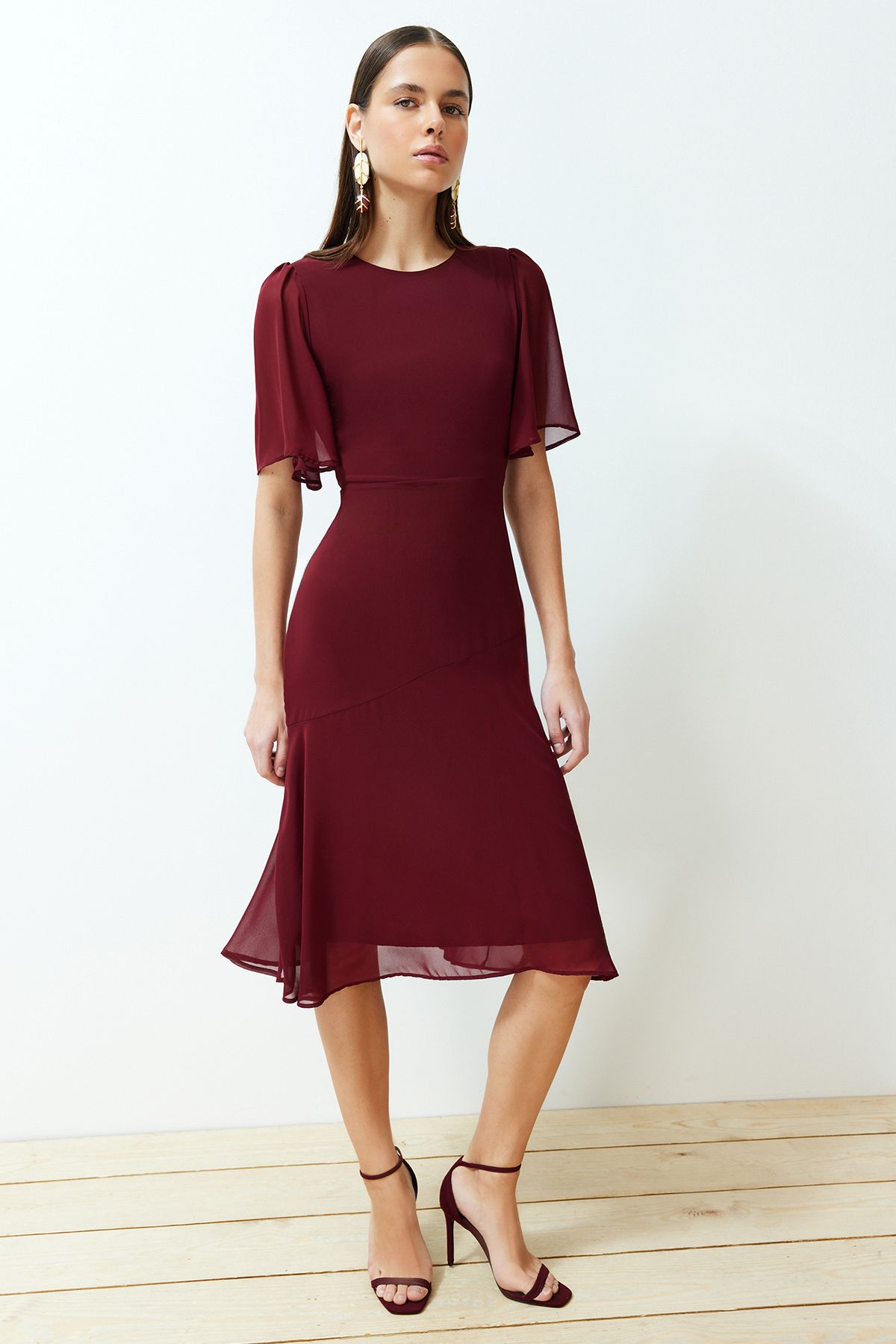Trendyol Collection Bordó szoknya Flounce A-vonalú Chiffon Midi bélelt szőtt ruha TWOSS22EL00733
