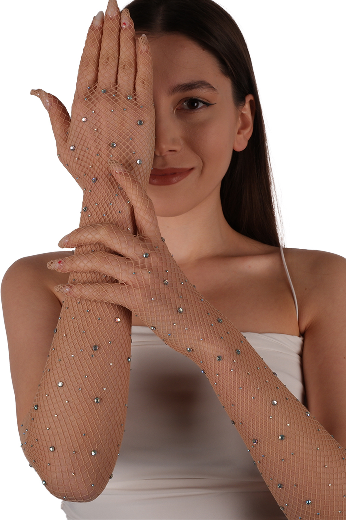 Limelia  Şık Gelin Düğün Eldiveni File Tül Gelin Düğün Eldiveni Ten Rengi - Görsel 3