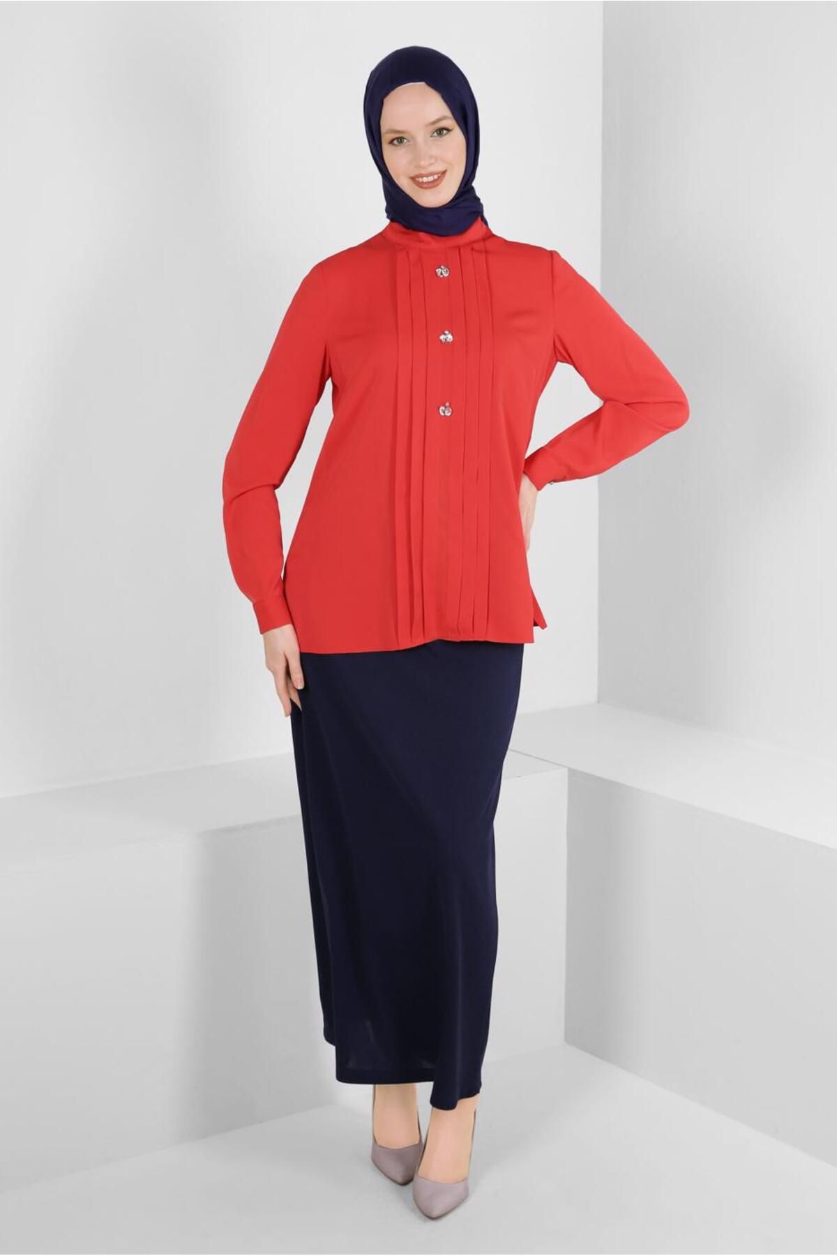 بلوز چین دار جزییات سنگی 43537 Alvina