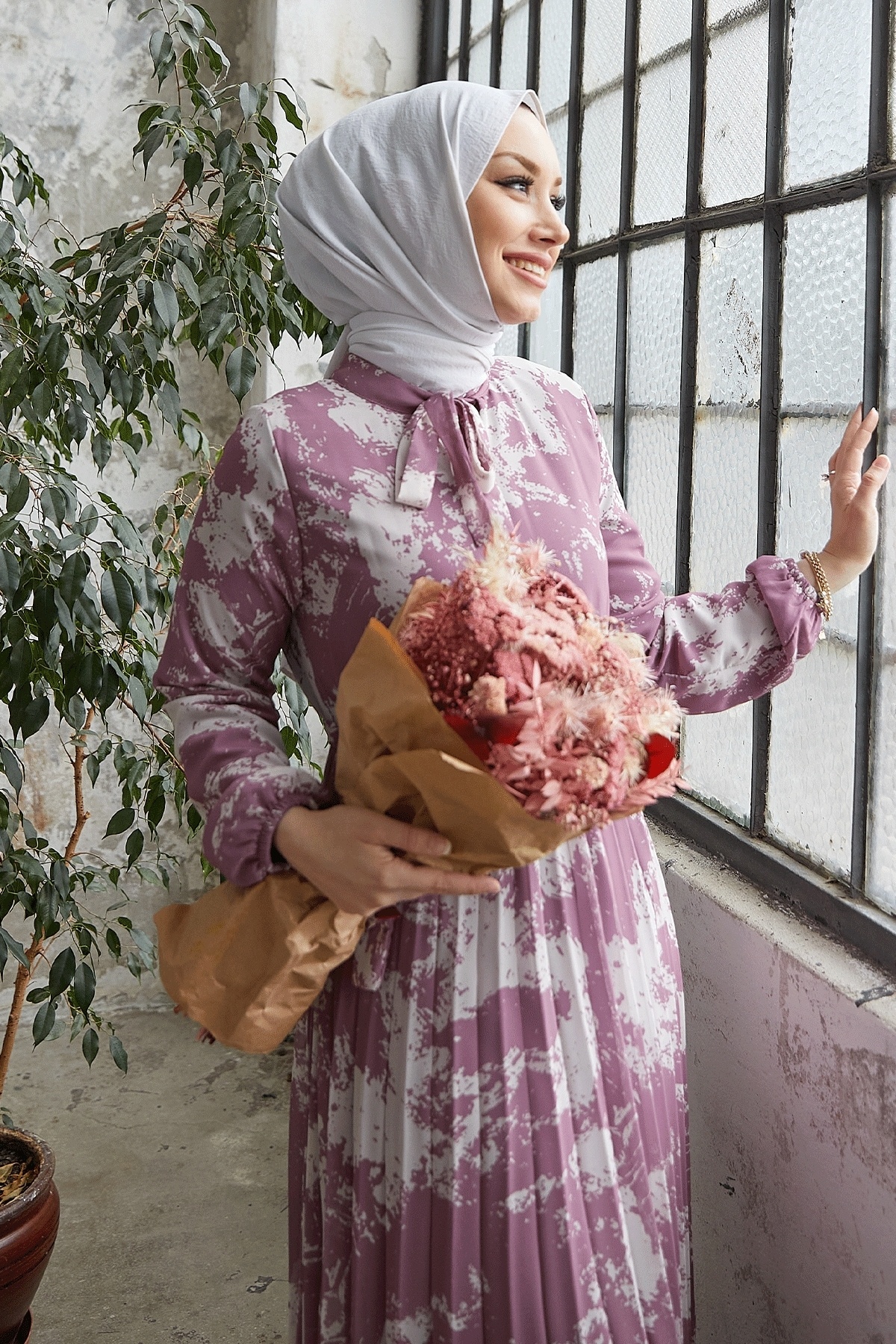 InStyle-Φόρεμα σιφόν με γιακά Diva Belted Belted - Dusty Rose 2