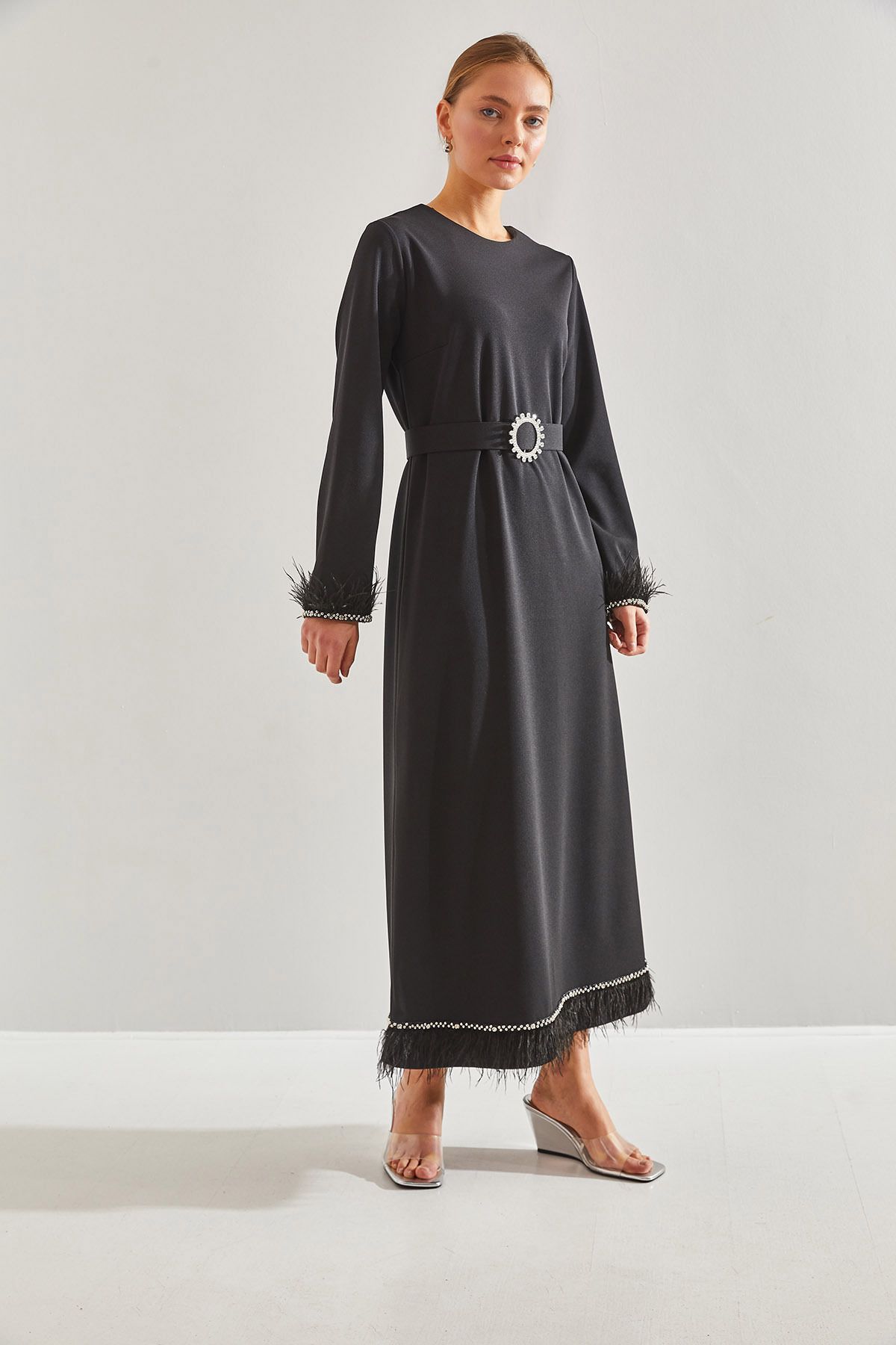 Bianco Lucci Modest-Γυναικείο φόρεμα χιτζάμπ με κοσμήματα και φούντες60151002 3