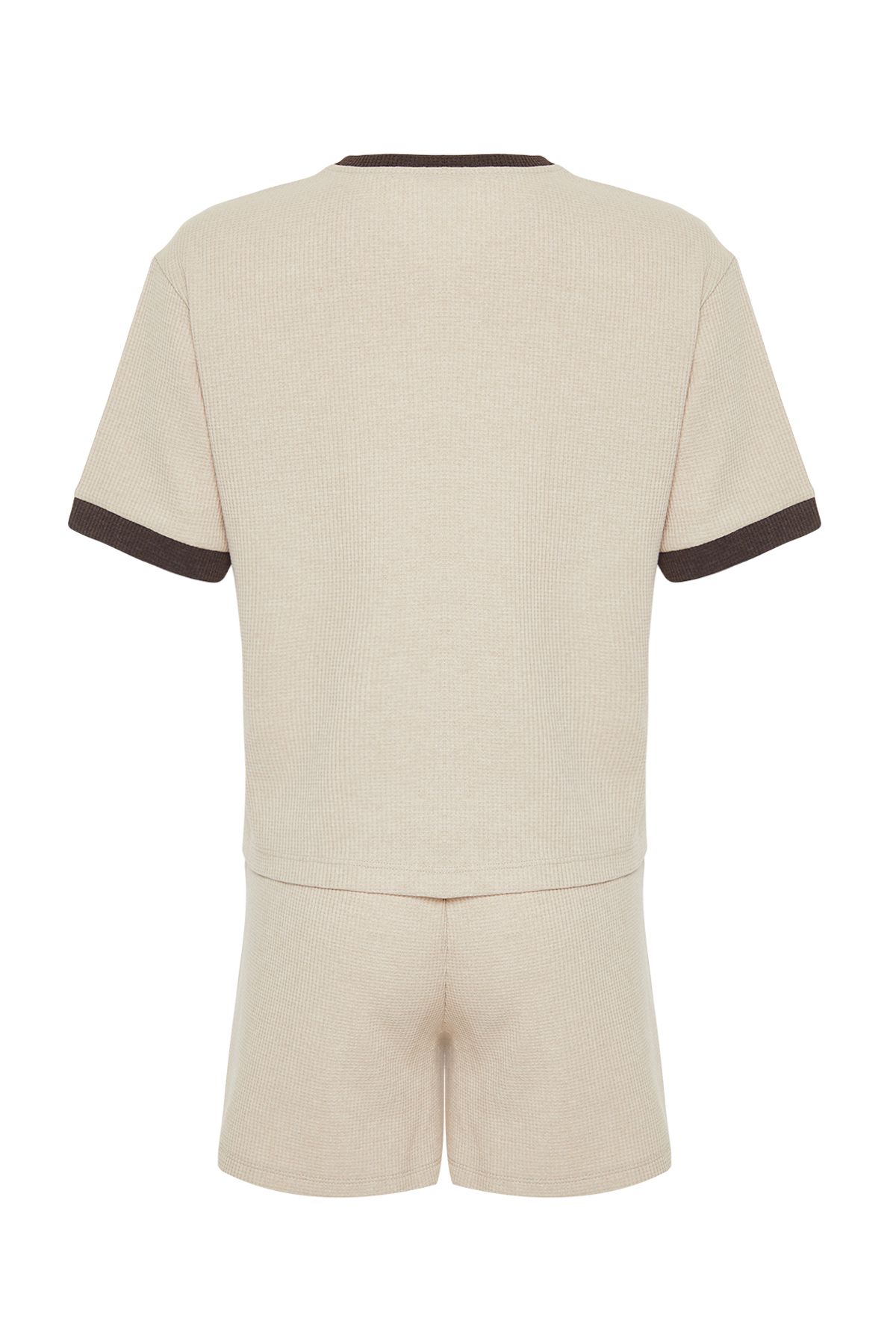 Trendyol Collection-Waffle Print Beige-Color Blocked Slogan Knitted Pajamas Set Thmss24Pt00217 8