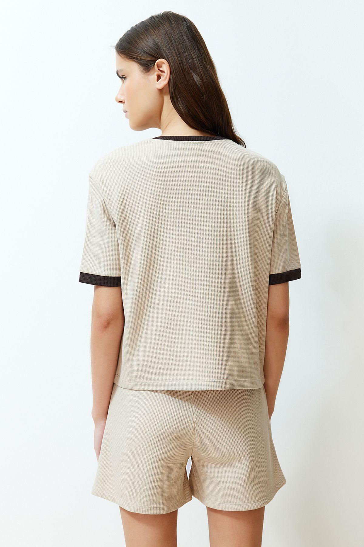 Trendyol Collection-Waffle Print Beige-Color Blocked Slogan Knitted Pajamas Set Thmss24Pt00217 6