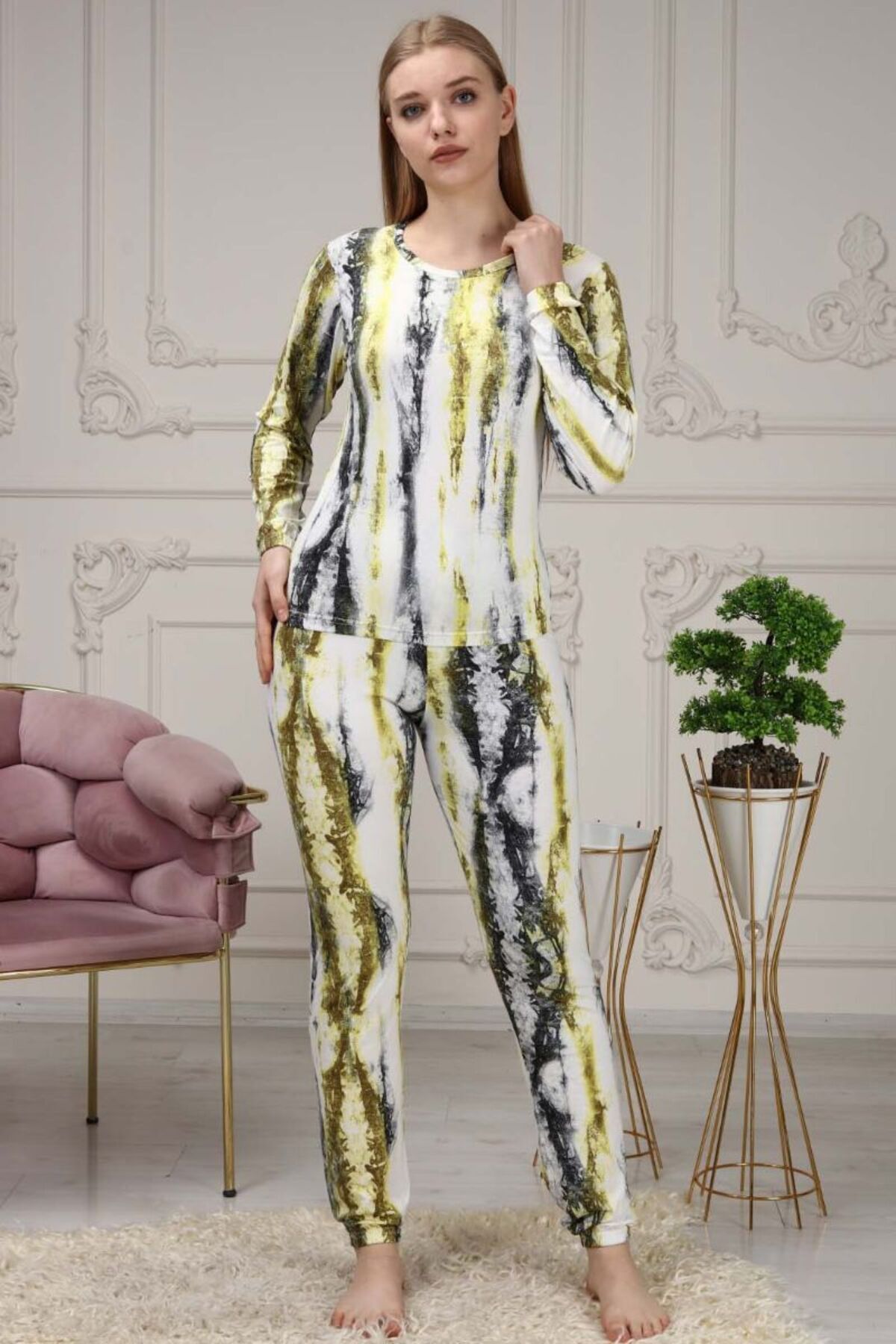 Women's Tie-Down Pattern Elastic Waist Tracksuit Yellow