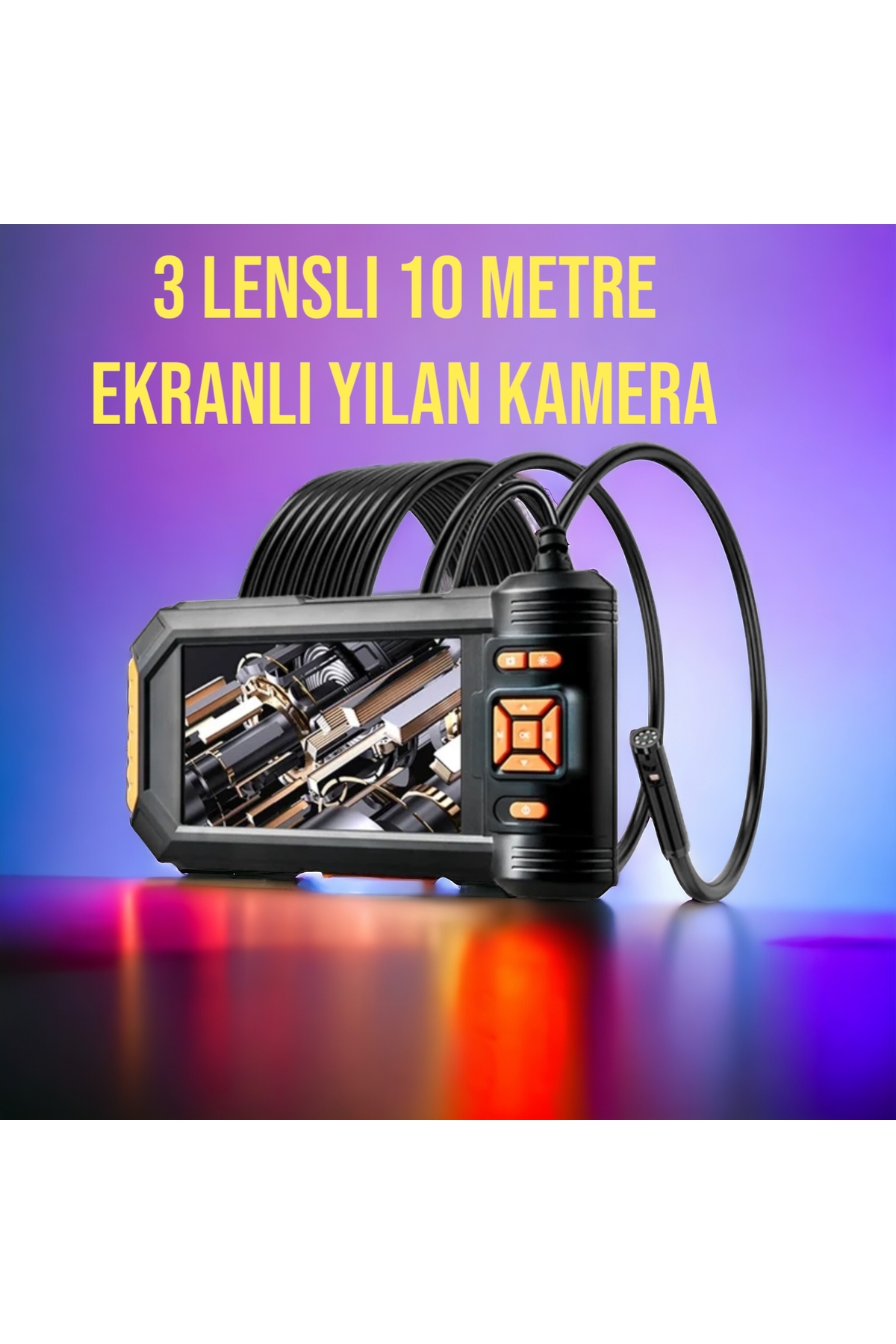 WIWOCAM Ekranlı 3 Lensli Endoskop Yılan Kamera 10 Metre Sert Kablo SD Karta Kayıt