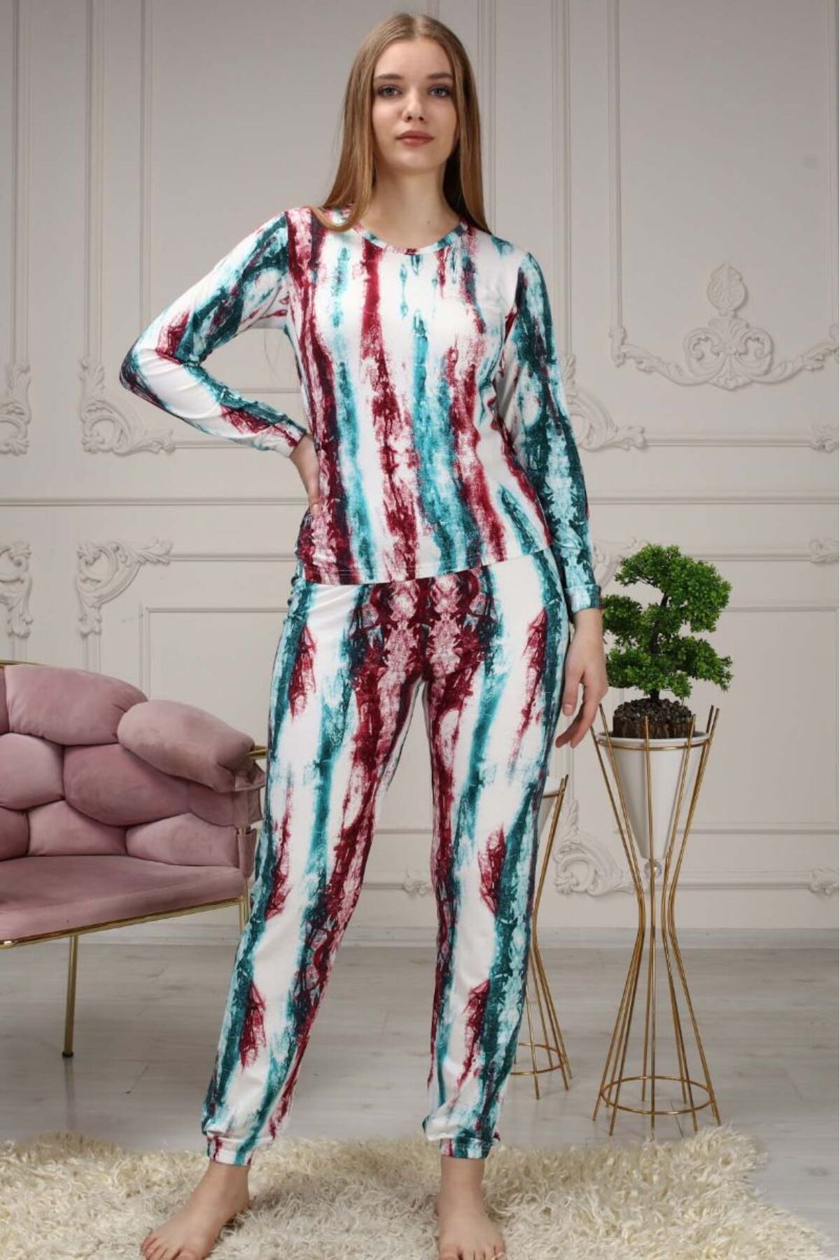 Women's Tie-Down Pattern Elastic Waist Tracksuit Red